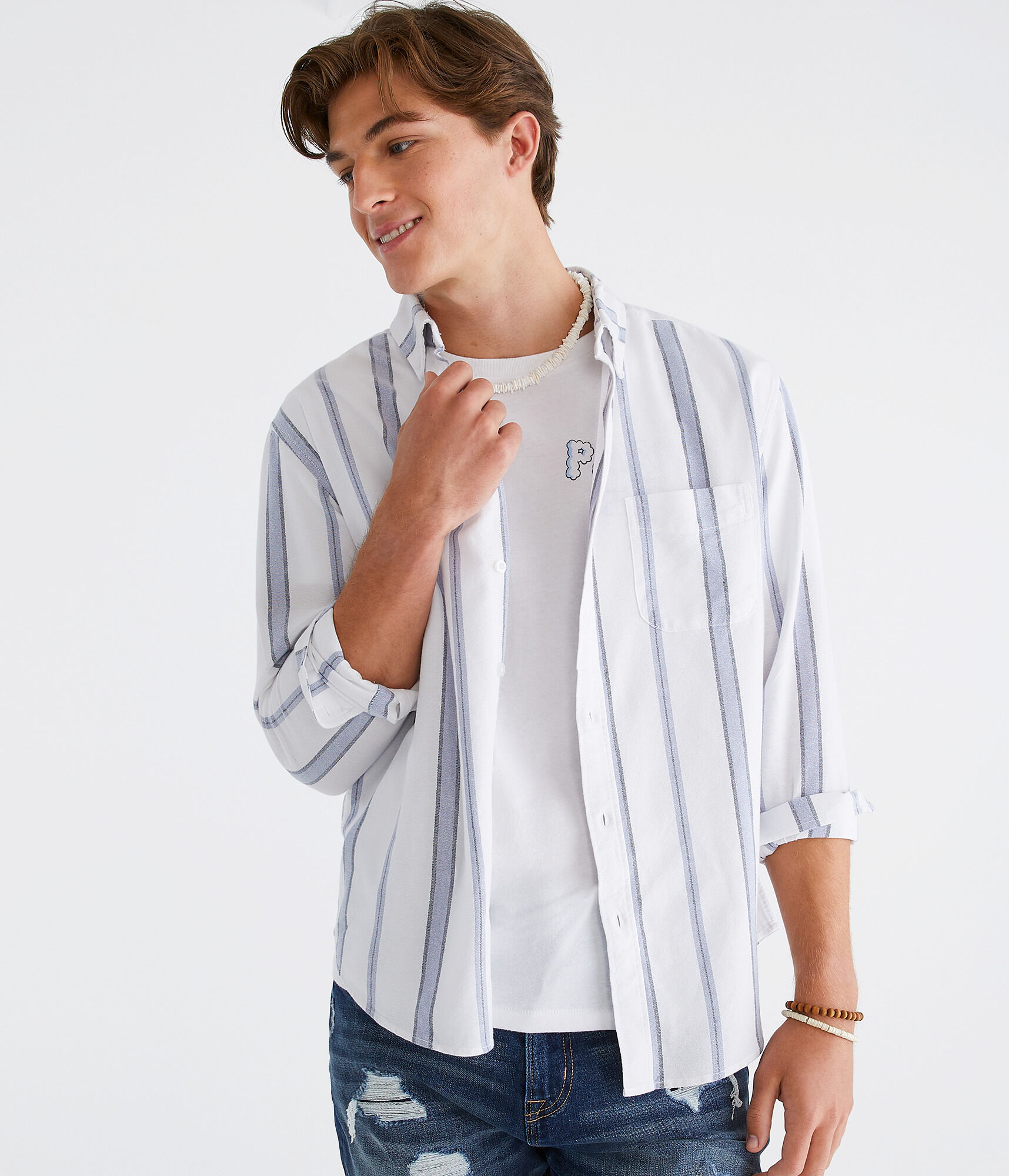 Long Sleeve Relaxed Vertical Stripe Oxford Shirt