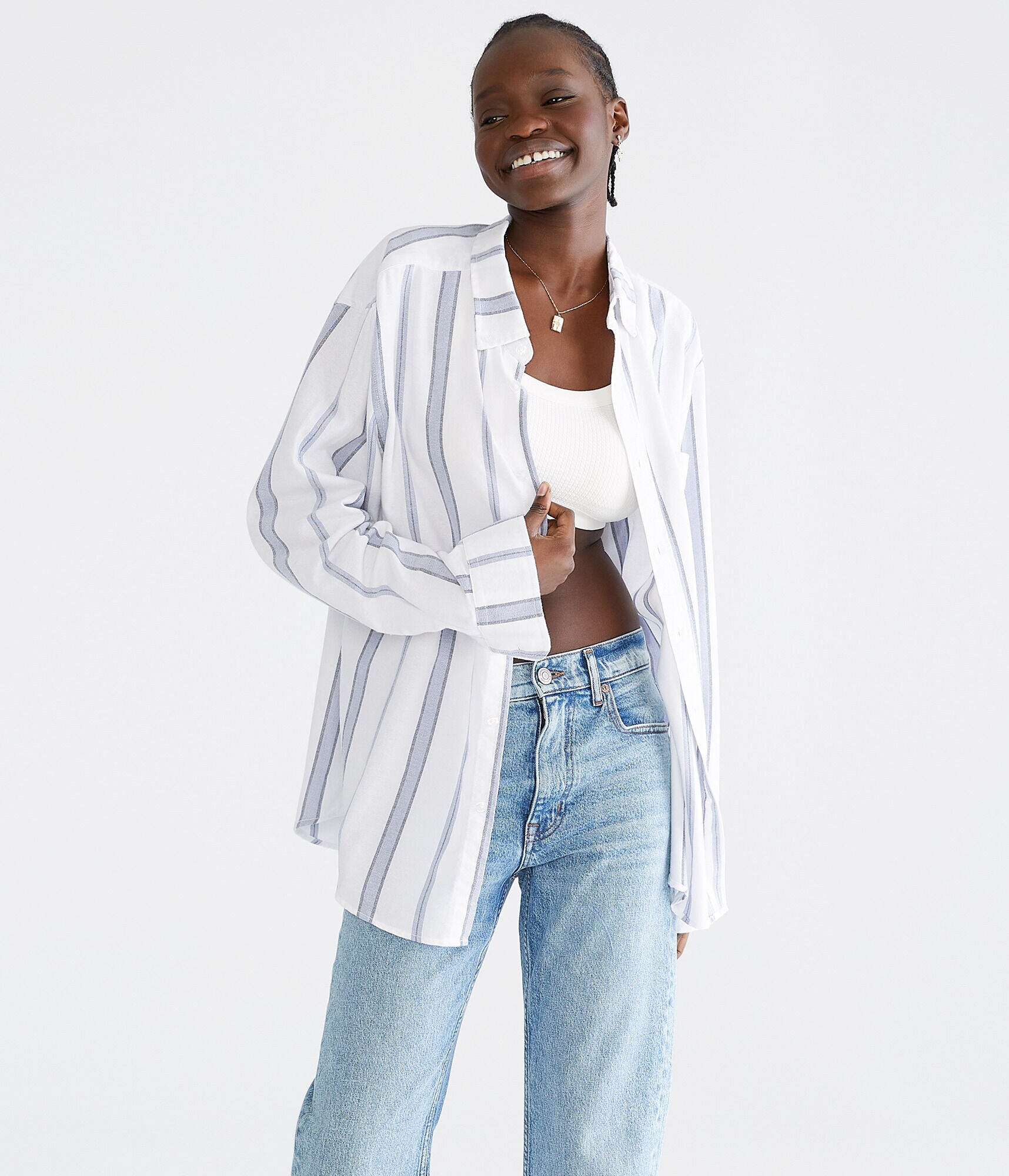 Long Sleeve Relaxed Vertical Stripe Oxford Shirt