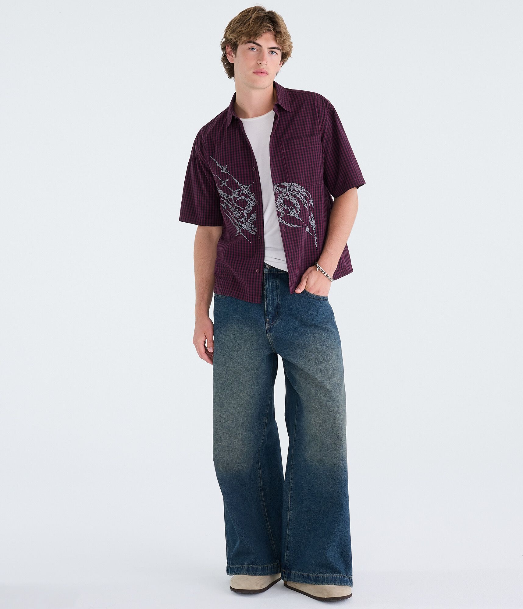 Graphic Microplaid Boxy Shirt