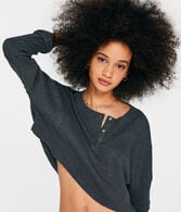 Long Sleeve Waffle-Knit Cropped Henley Tee