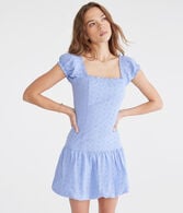 Solid Eyelet Square-Neck Drop-Waist Bubble Dress