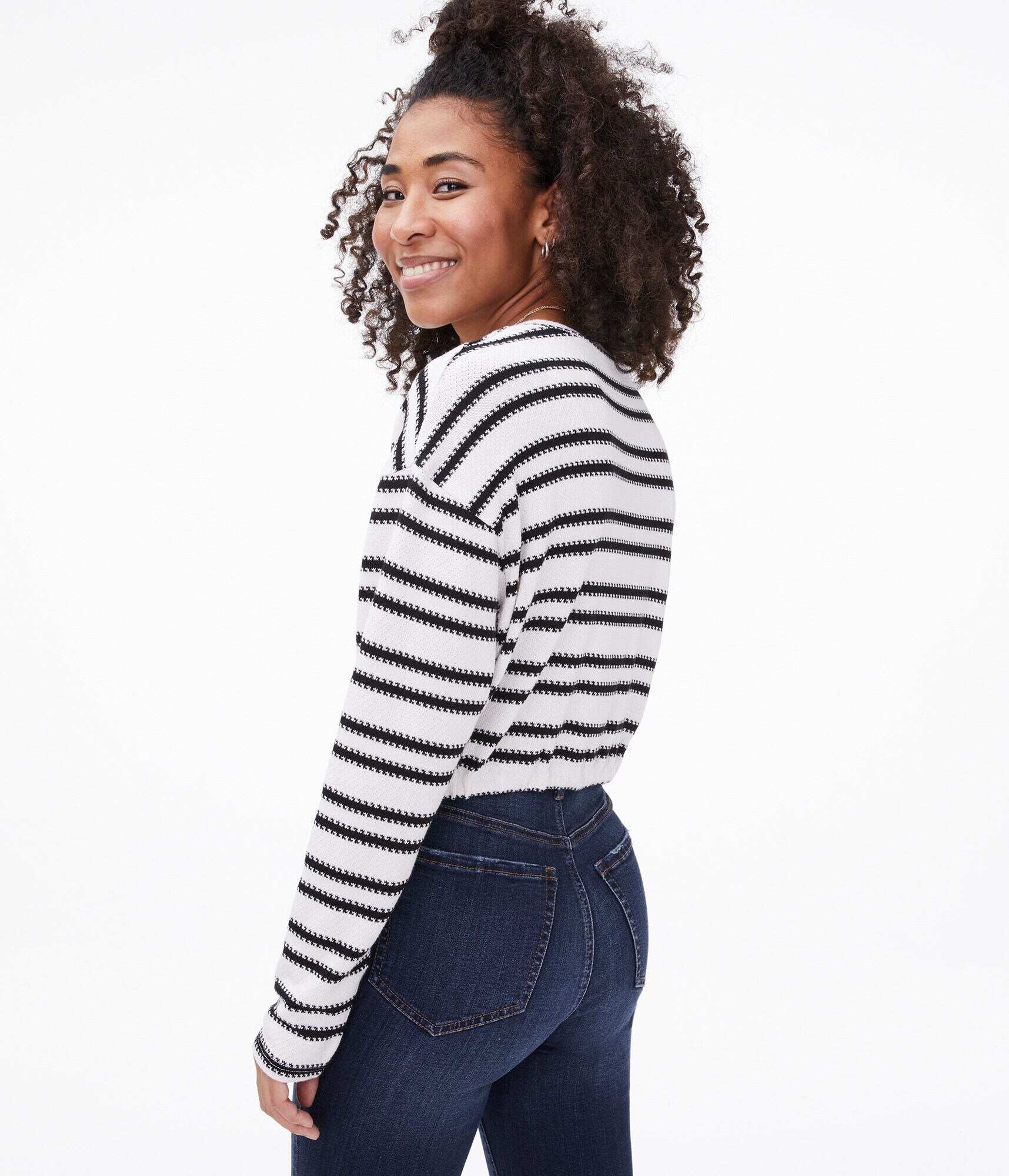 Striped Cinched Cropped V-Neck Top