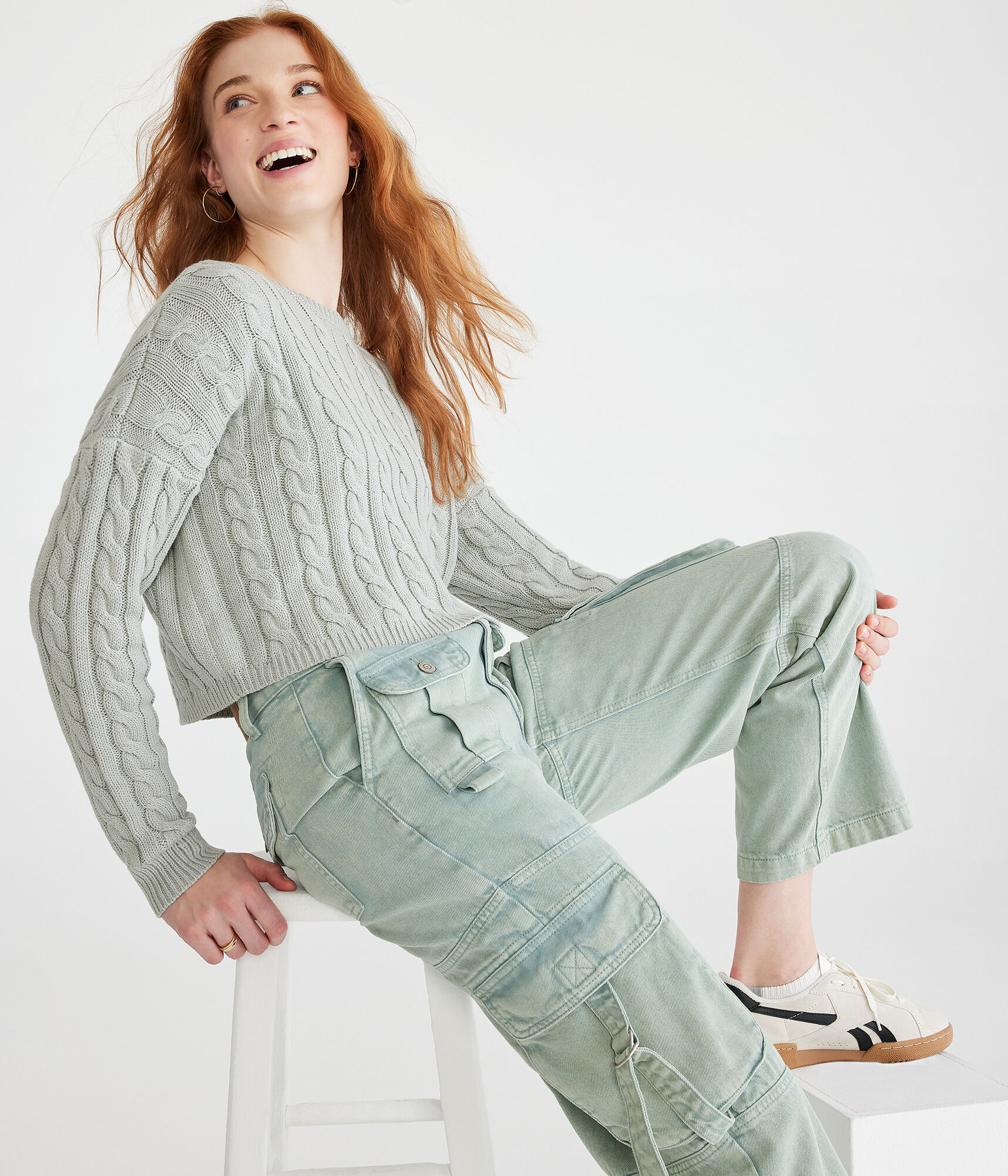 Cable-Knit Cropped Crew Sweater