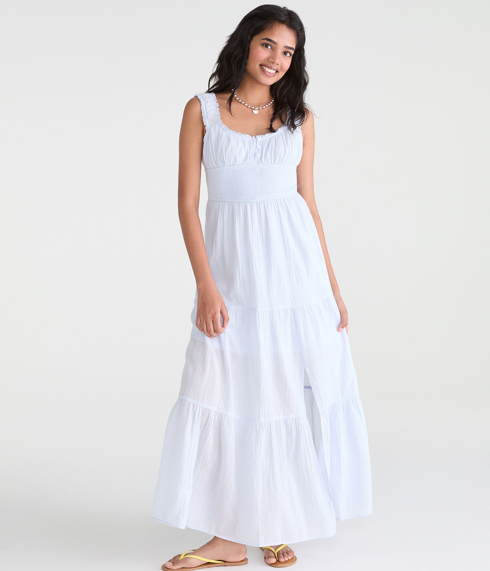 Solid Scoop-Neck Smocked Maxi Dress