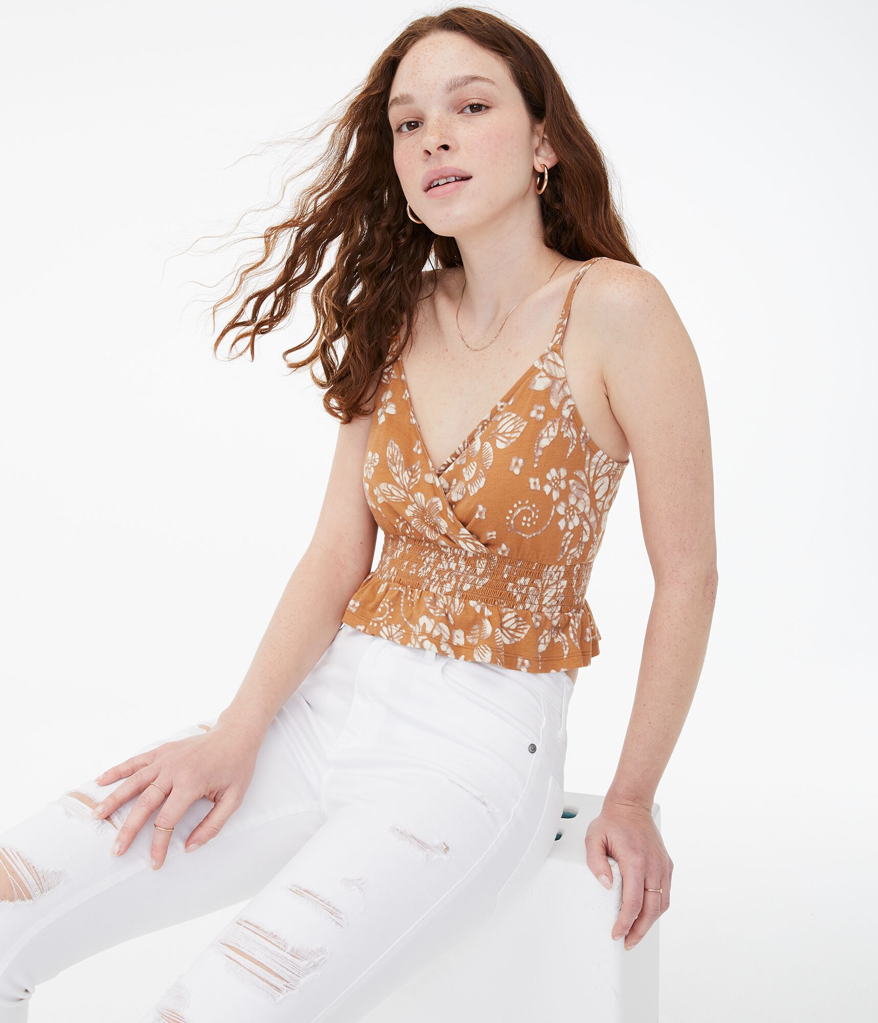 Floral Smocked Surplice Crop Top