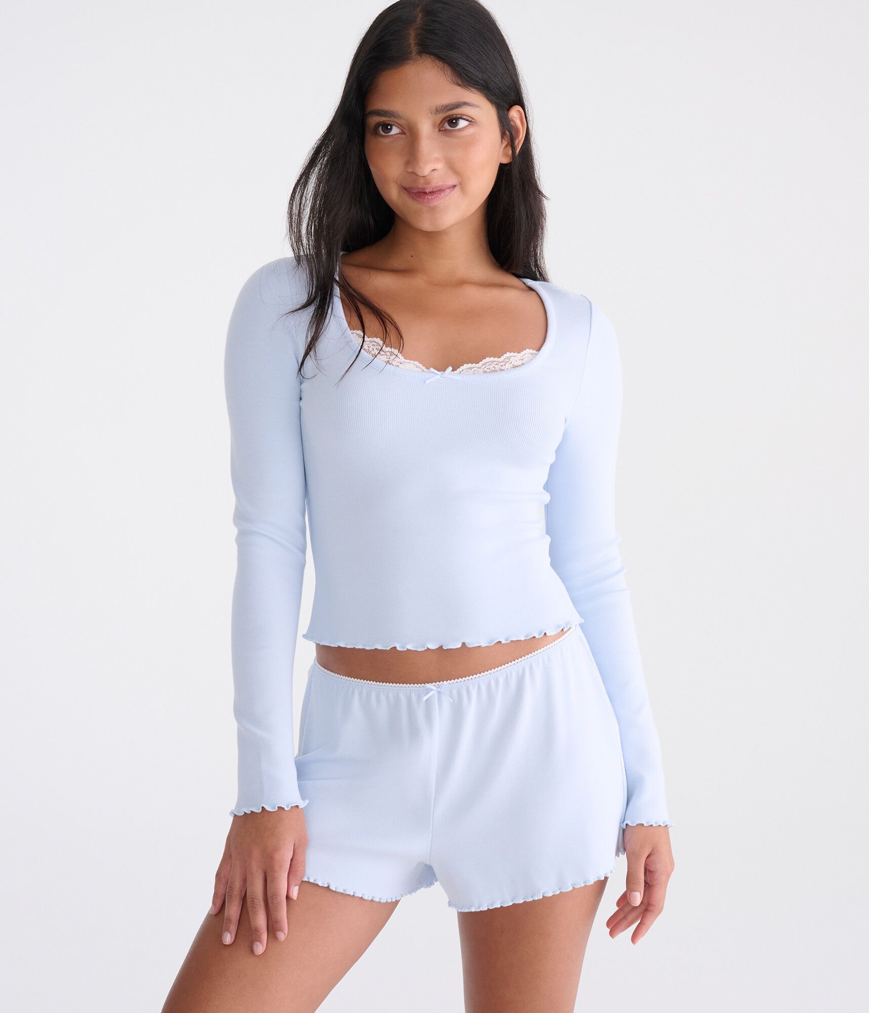 Long Sleeve Lace-Trim Cropped Sleep Tee