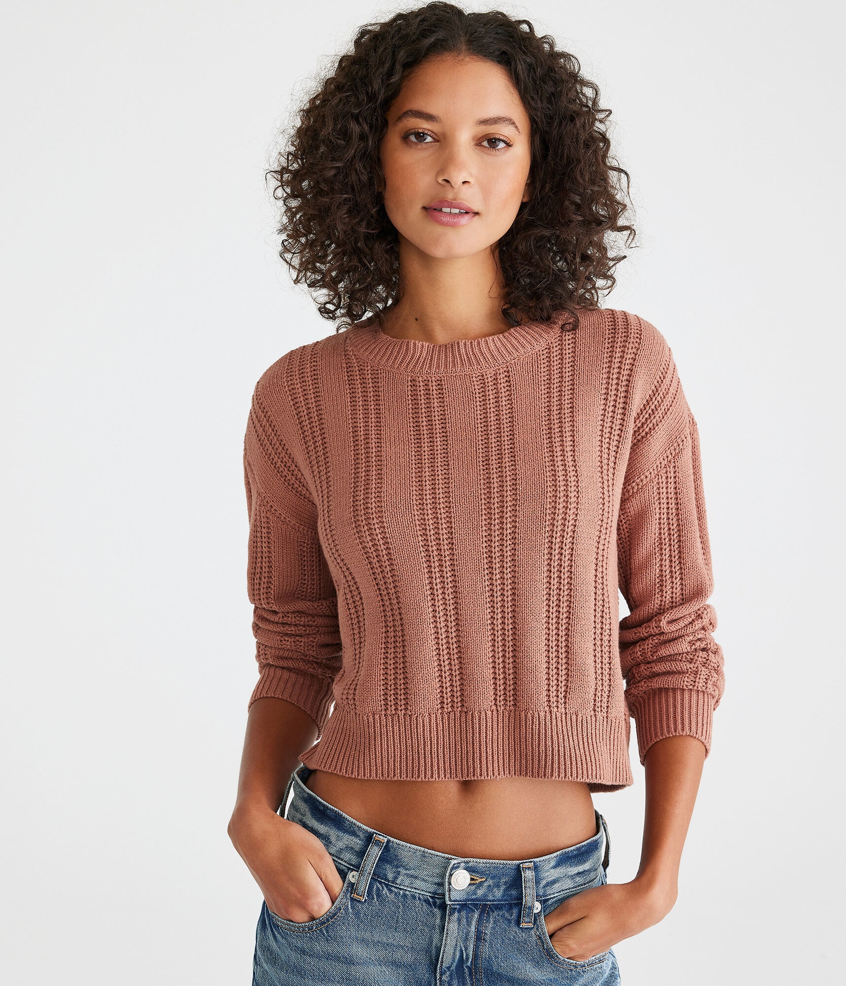 Ribbed Cropped Crew Sweater