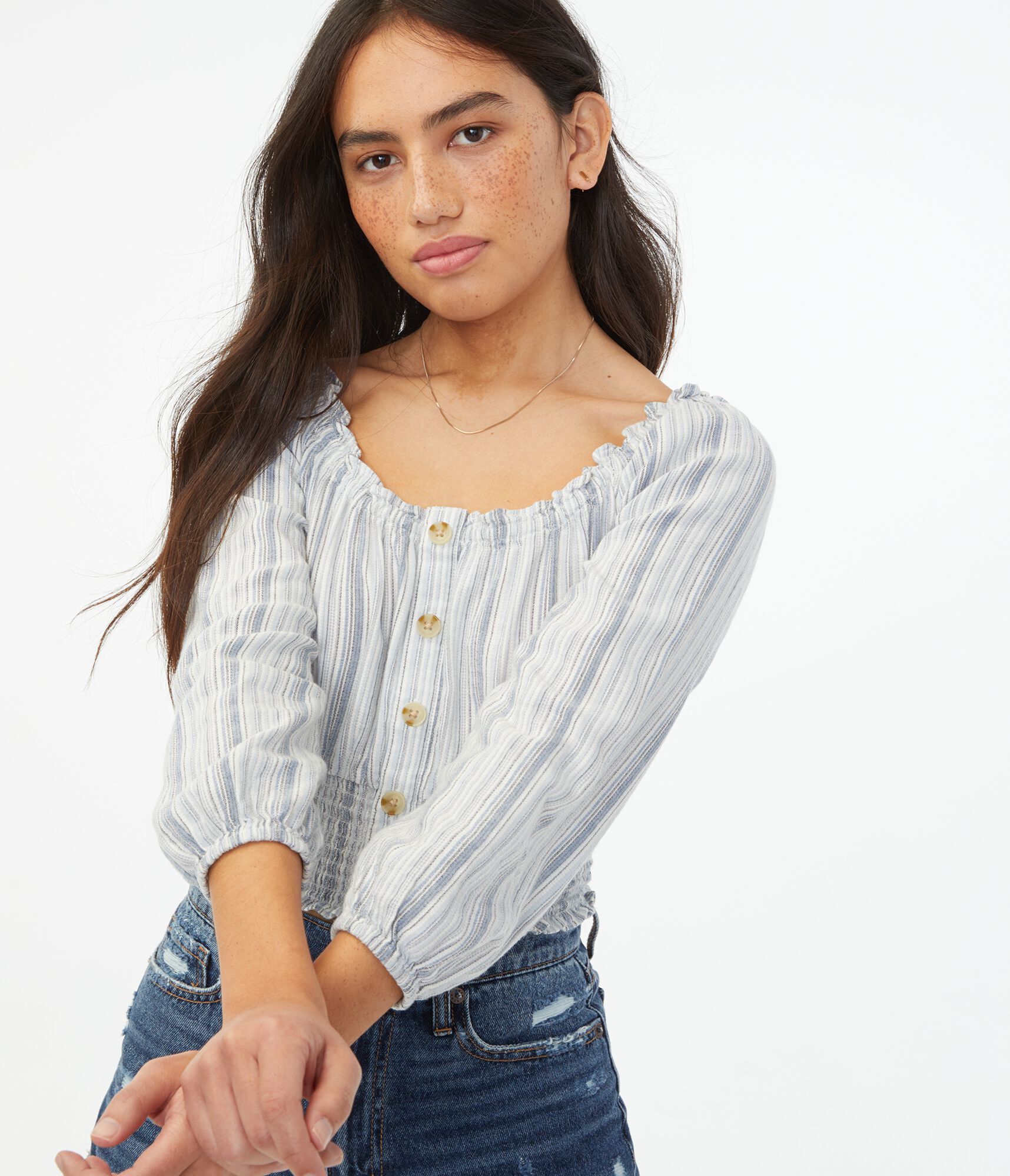 Long Sleeve Striped Smocked Crop Top