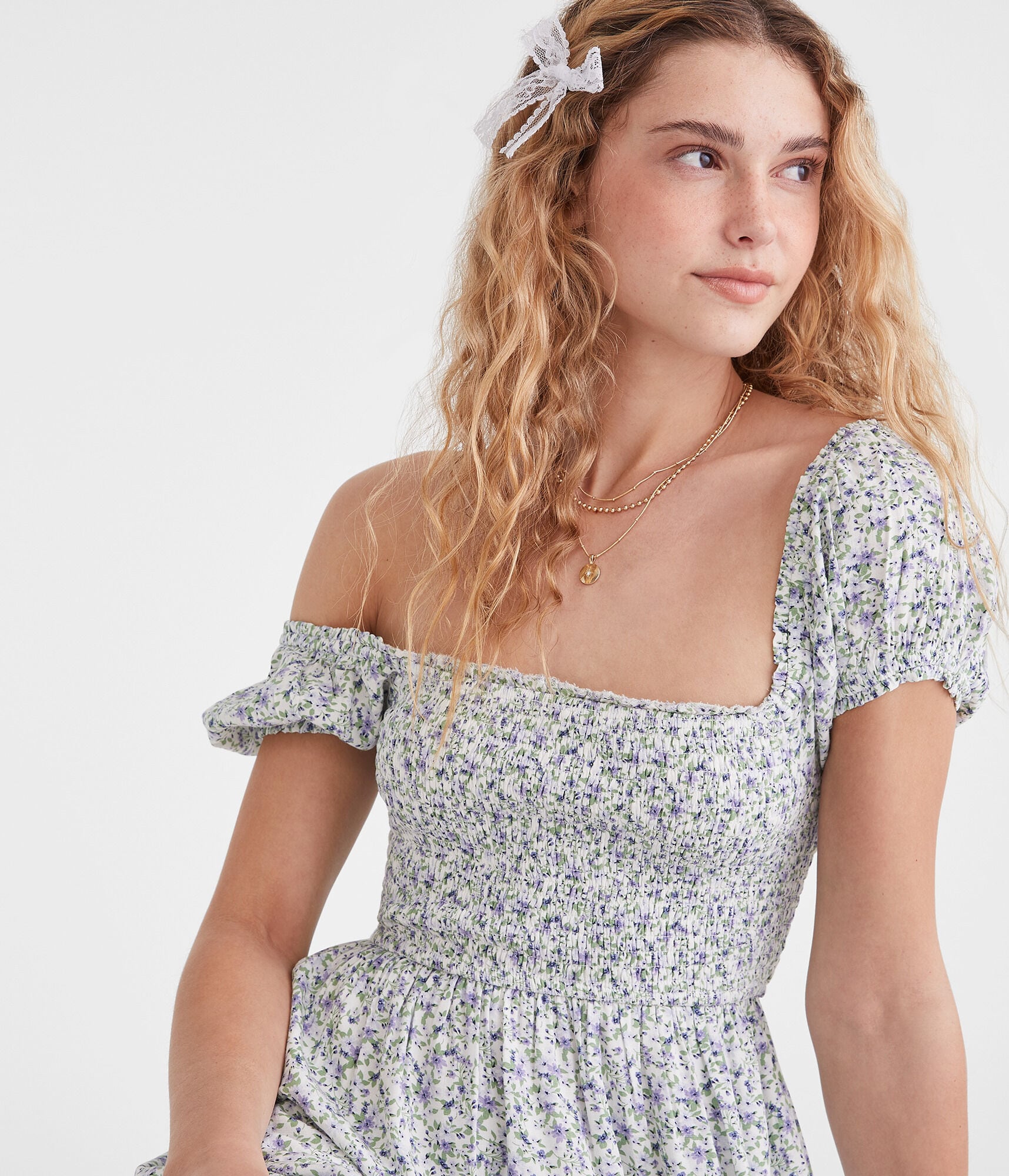 Floral Square-Neck Smocked Midi Dress