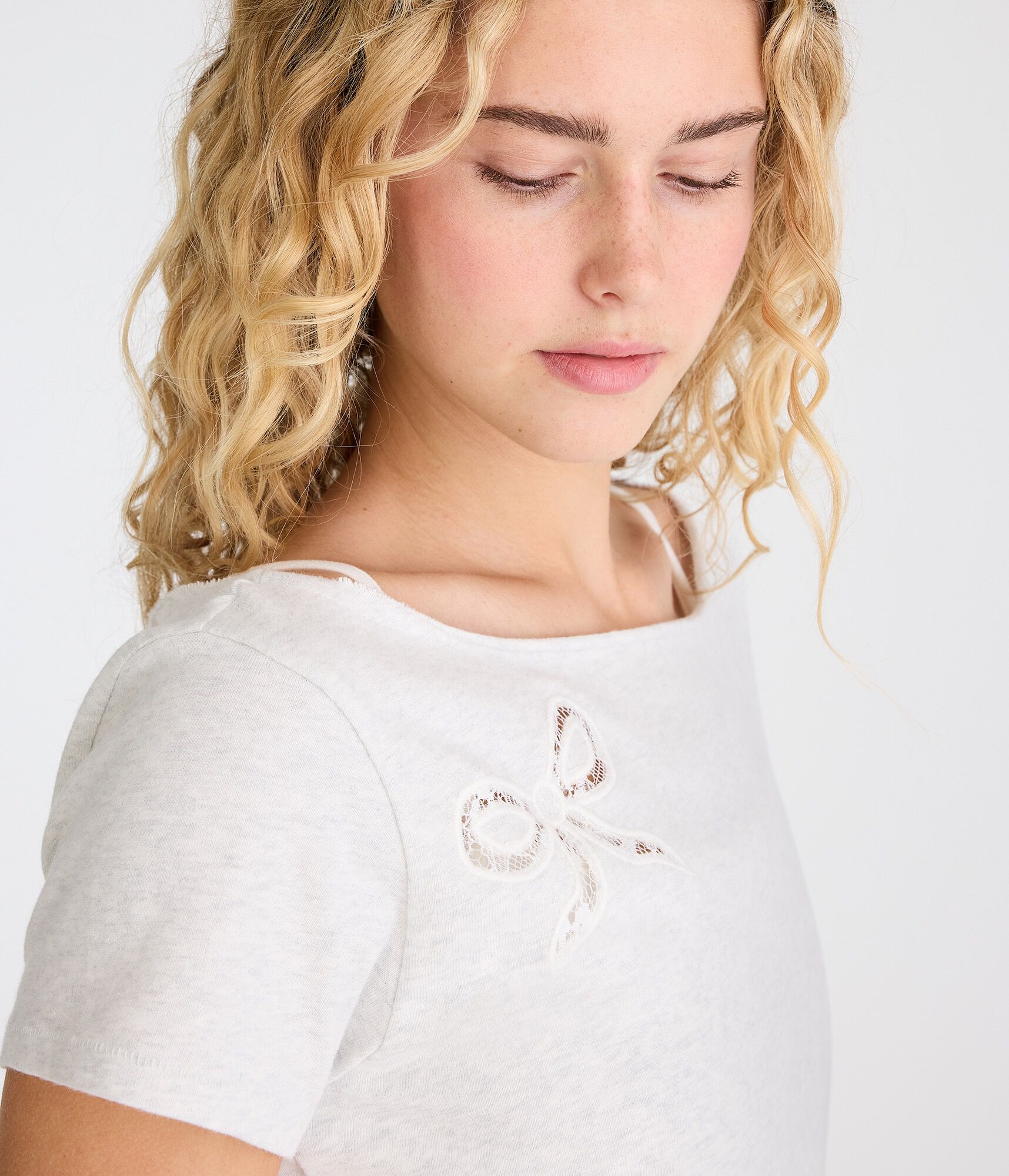 Seriously Soft Lace Bow Off-The-Shoulder Vintage Fit Tee