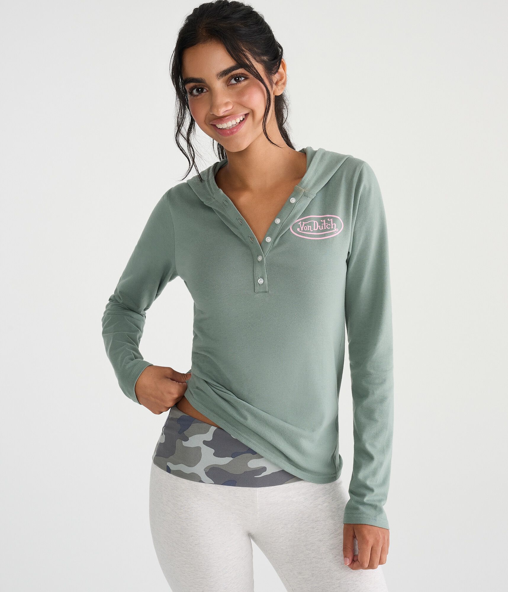 Von Dutch Camo Logo Hooded Graphic Henley