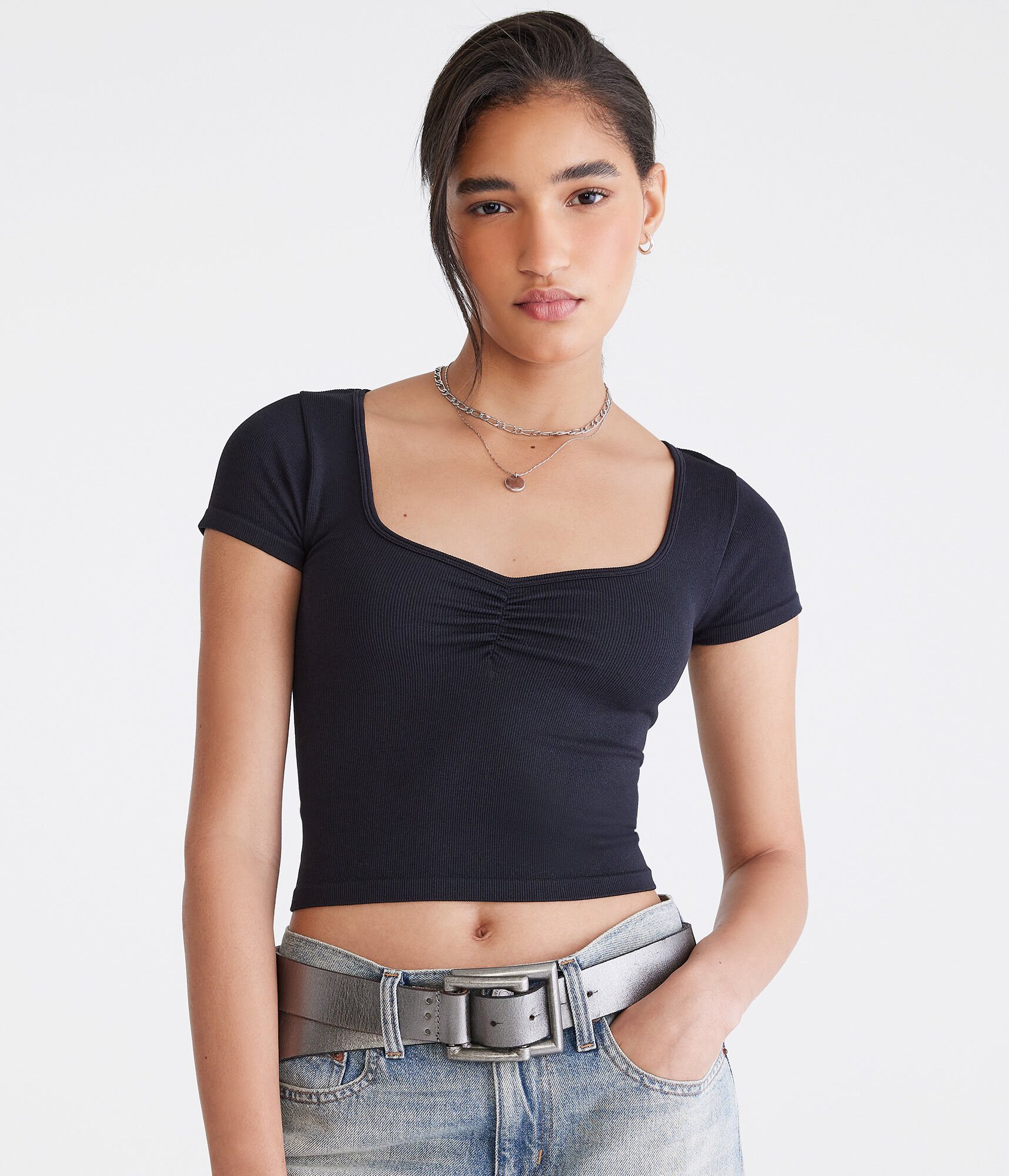 Buttery Soft Cropped Cinch-Front Tee
