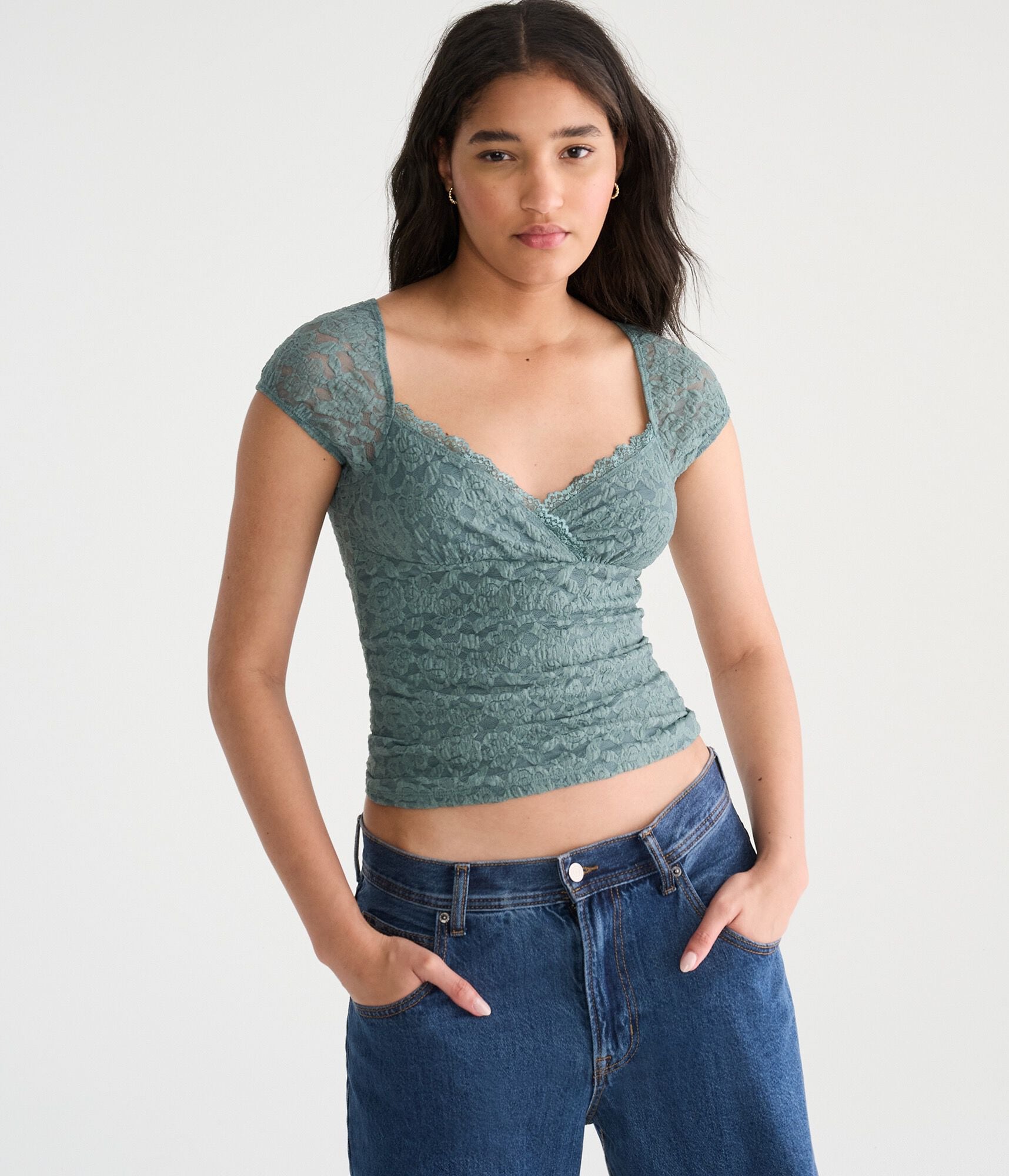 D&eacute;j&agrave; For Aero Short Sleeve Floral Lace V-Neck Top