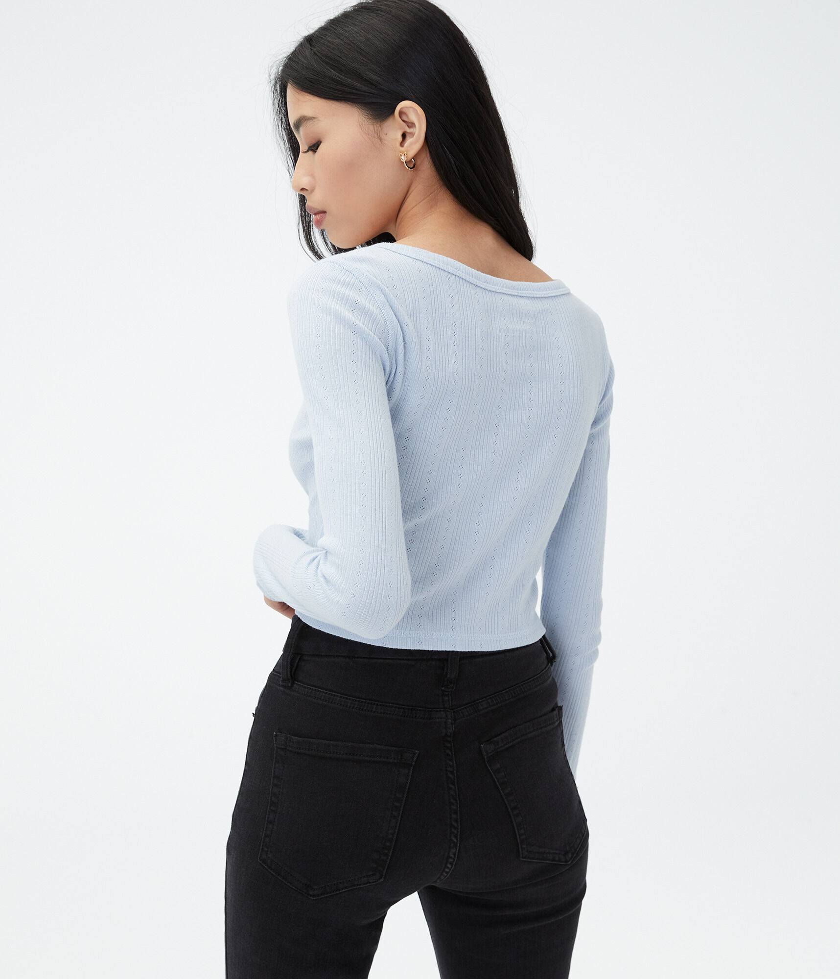 Long Sleeve Notch-Neck Cropped Shrunken Tee