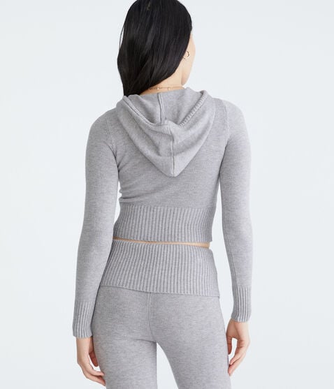Solid Cropped Full-Zip Hooded Sweater