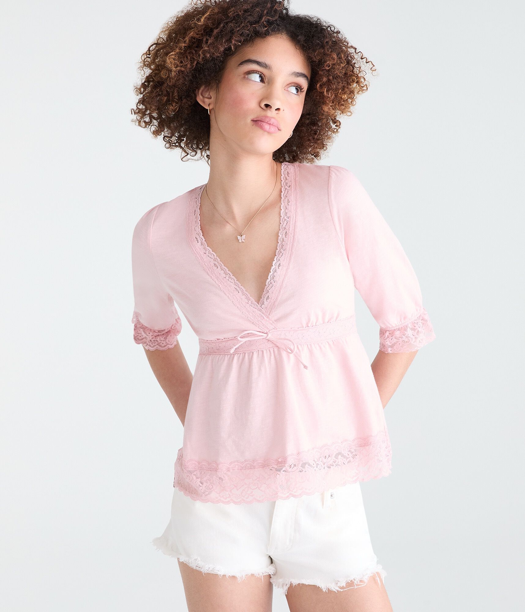 Elbow Sleeve Lace Peasant Top