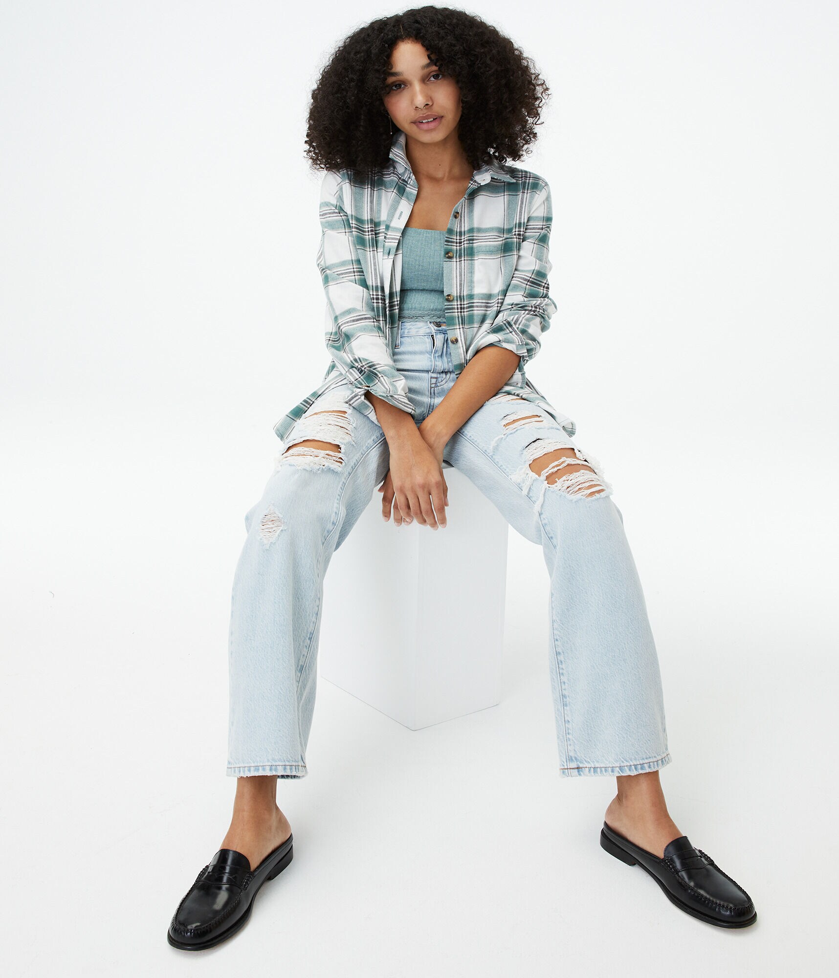 Long Sleeve Plaid Flannel Boyfriend Button-Down Shirt