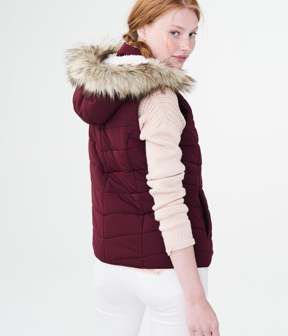Solid Faux Fur Hooded Puffer Vest - Main Image