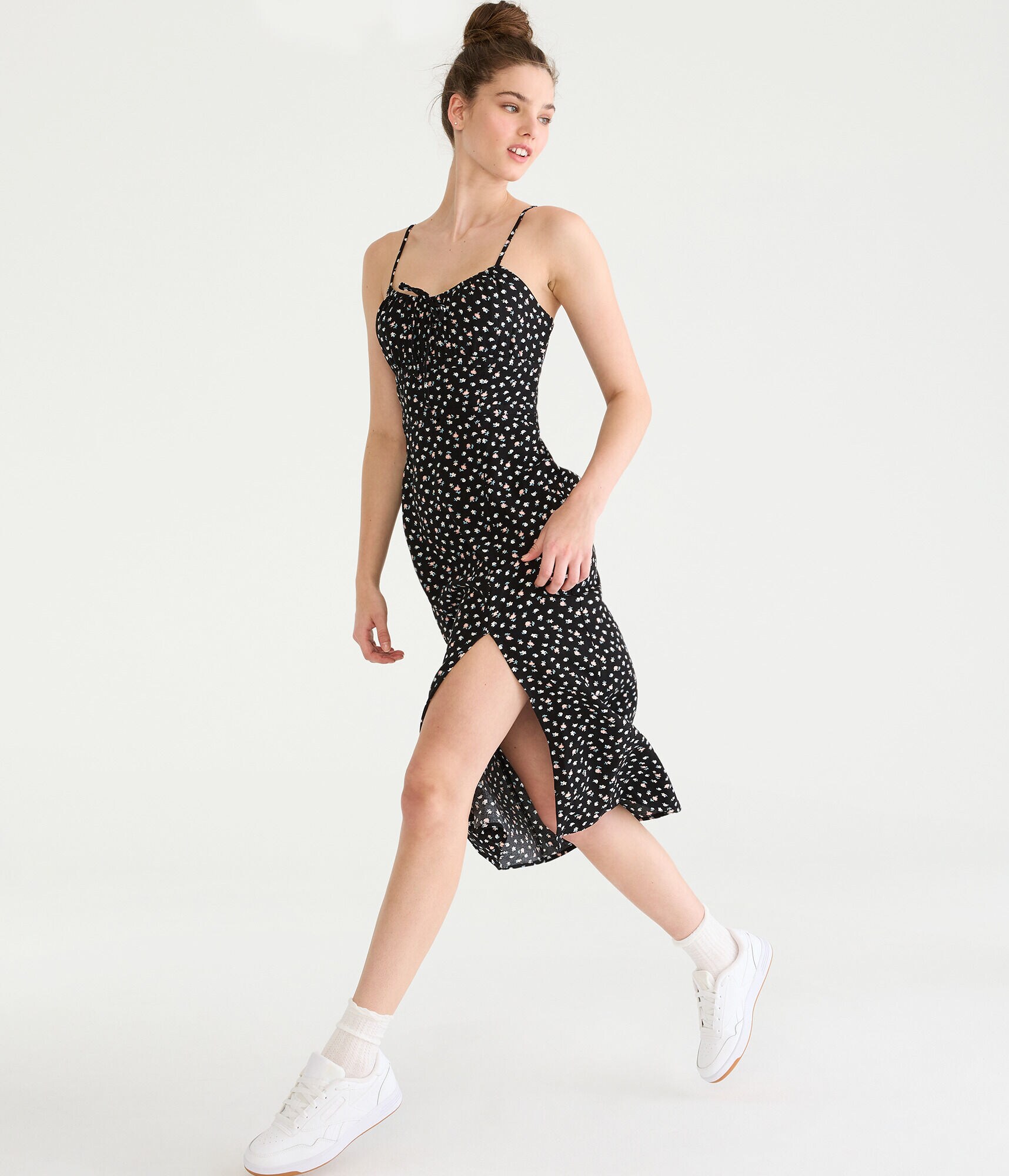 Floral Scoop-Neck Tie-Back Bustier Midi Dress