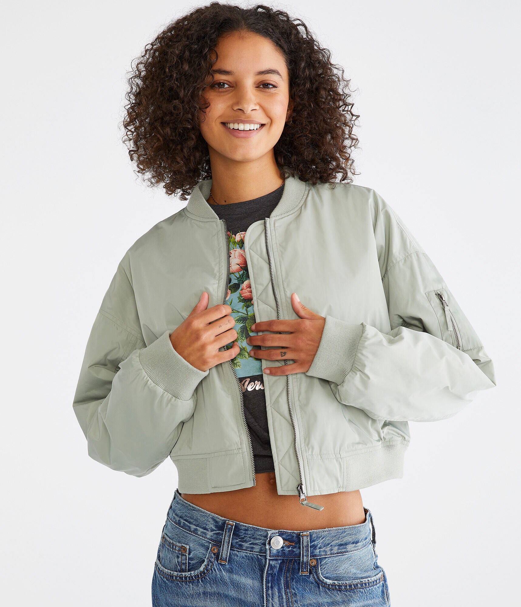 Solid Cropped Bomber Jacket