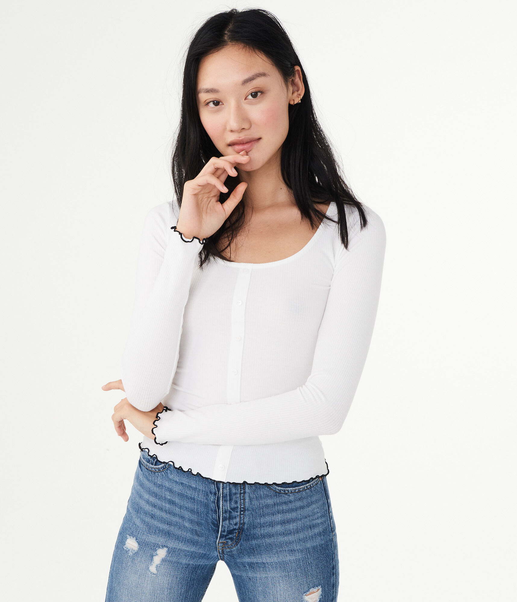 Long Sleeve Solid Lettuce-Trim Henley