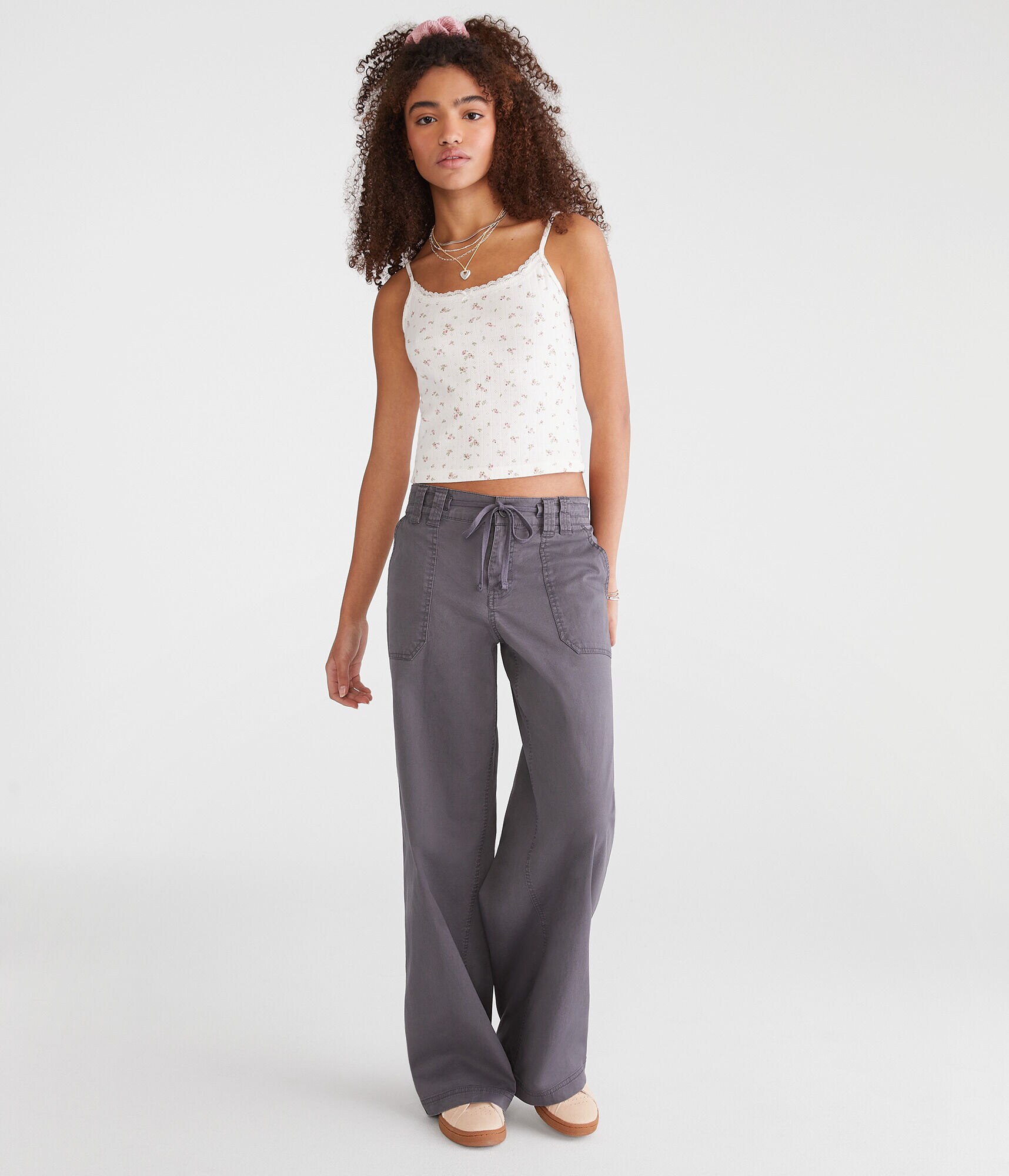 Low-Rise Twill Wide Leg Pants