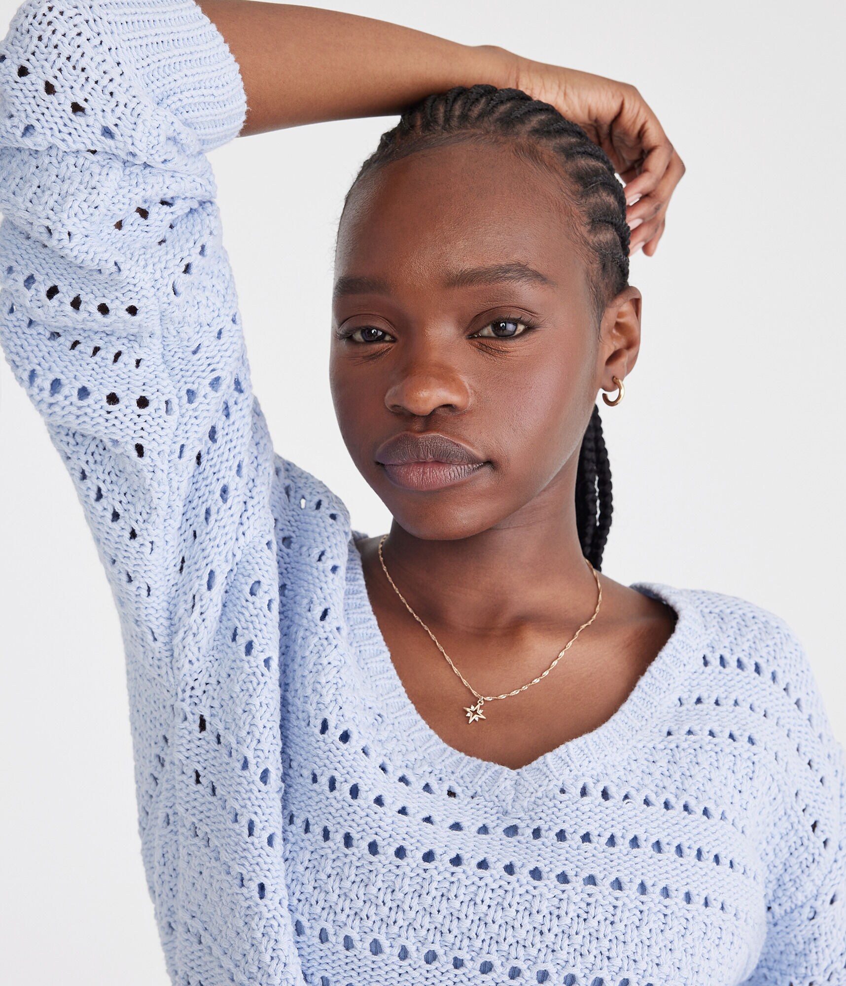 Solid Open-Knit V-Neck Sweater