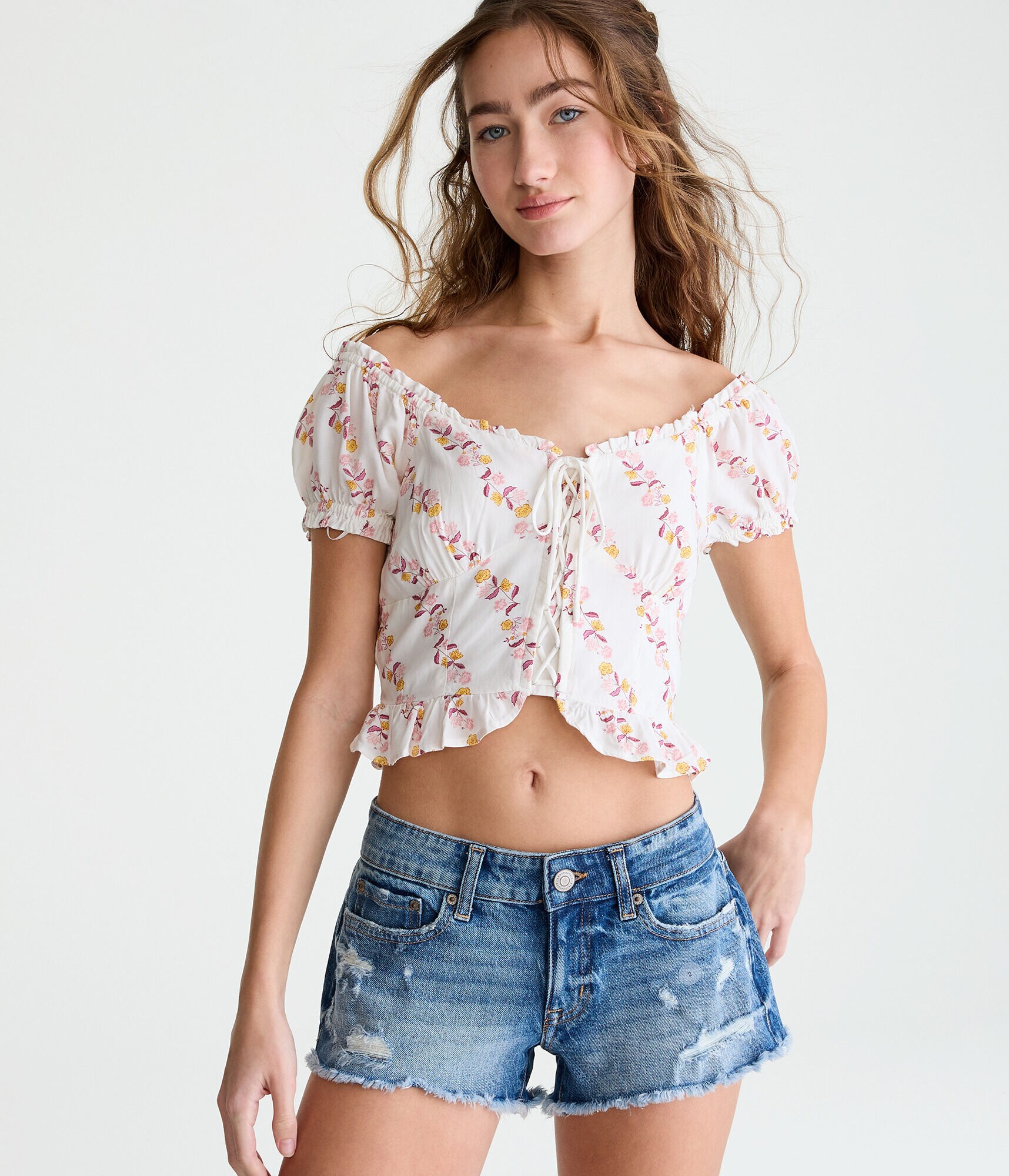Floral Tie-Front Ruffled Crop Top