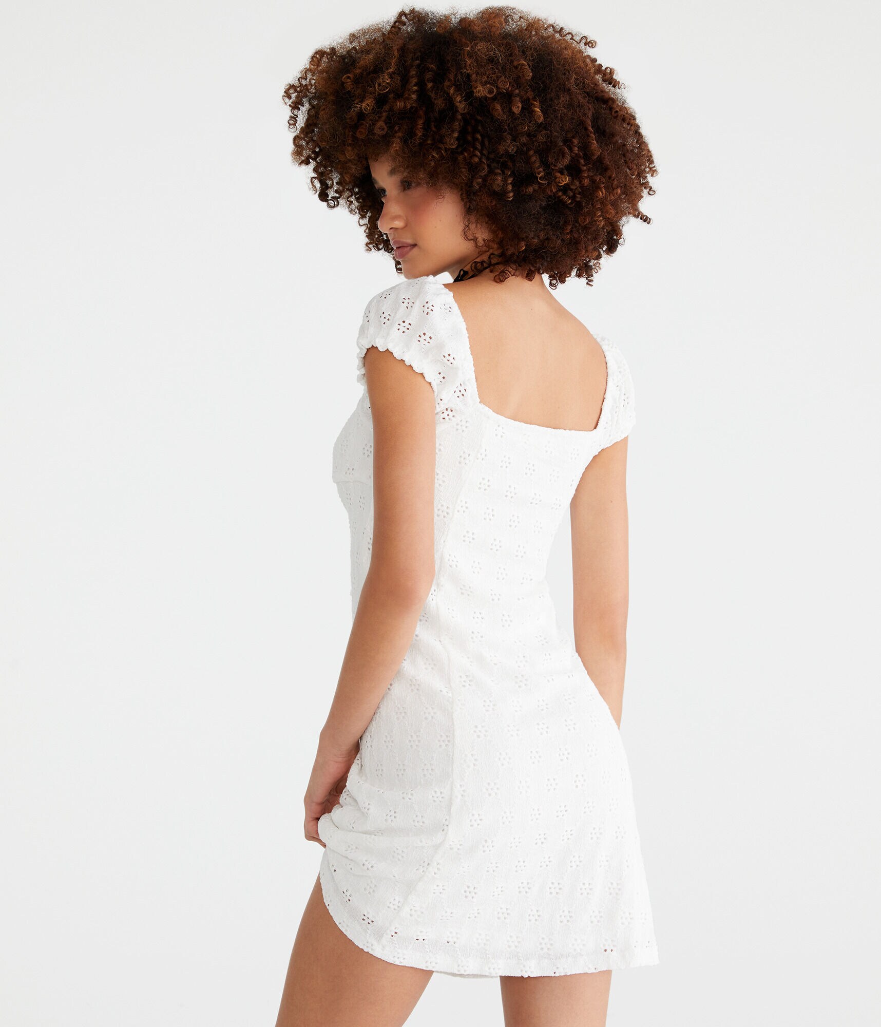Solid Scoop-Neck Eyelet Empire Mini Dress