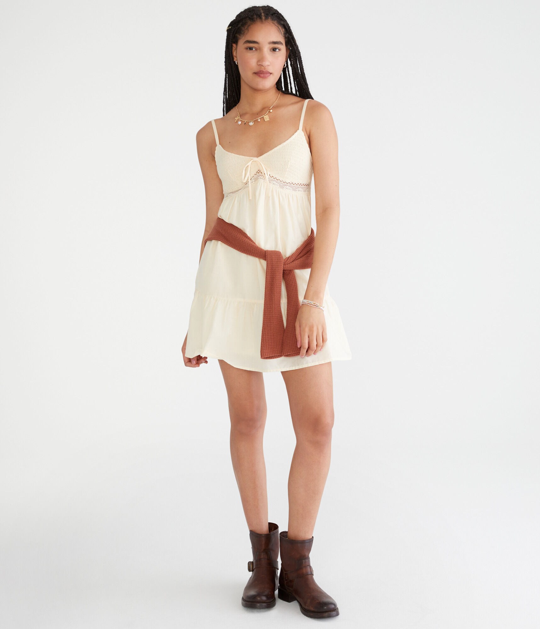 Solid V-Neck Lace-Trim Babydoll Dress