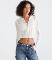 Pointelle Cropped Zip-Front Hooded Sweater