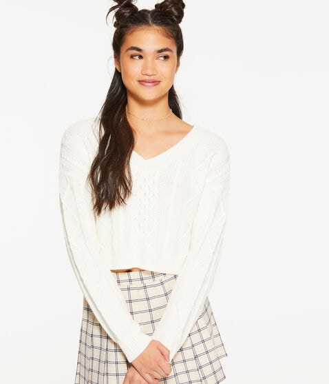 Cable-Knit Cropped V-Neck Sweater Cable-Knit Cropped V-Neck Sweater