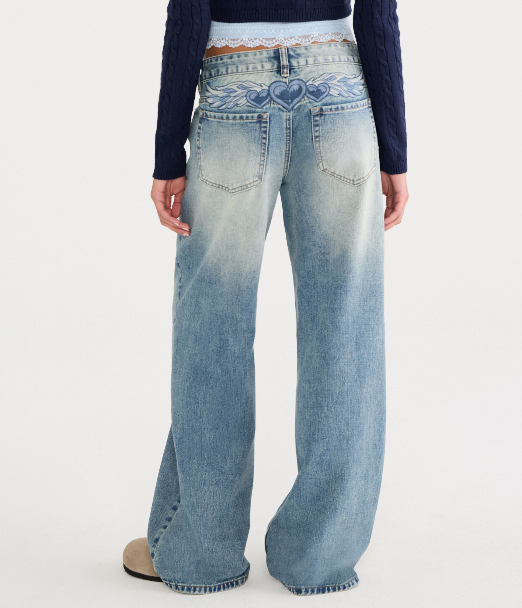 Low-Rise Baggy Wide Leg Hearts &amp; Wings Jean