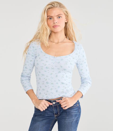 Long Sleeve Seriously Soft Floral Cinch-Front Tee Long Sleeve Seriously Soft Floral Cinch-Front Tee