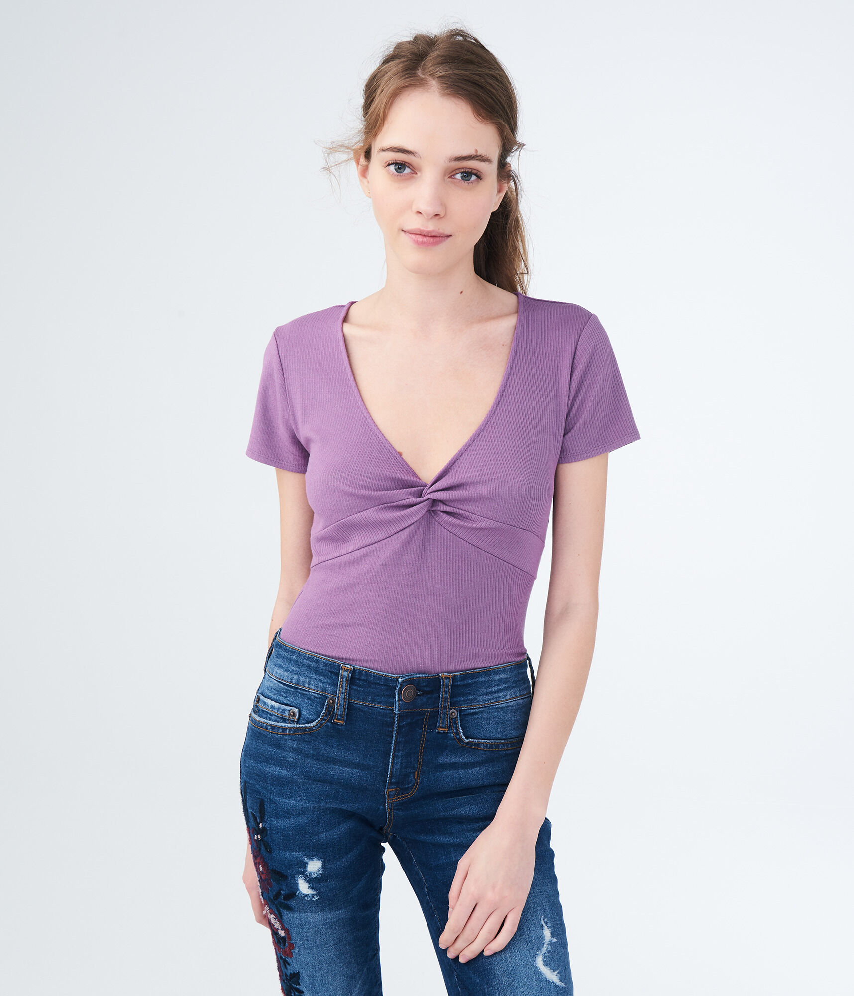 Solid Twist-Front V-Neck Top