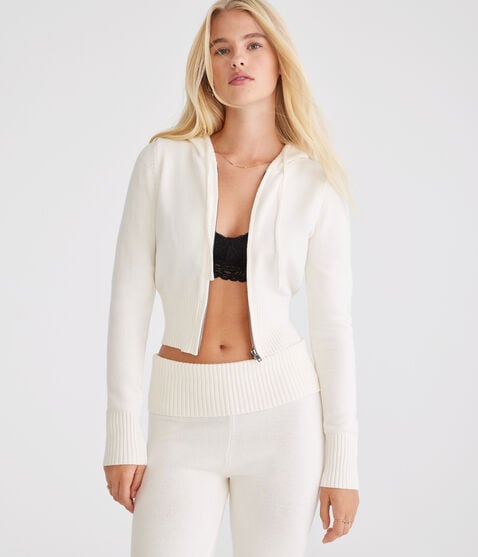 Solid Cropped Full-Zip Hooded Sweater