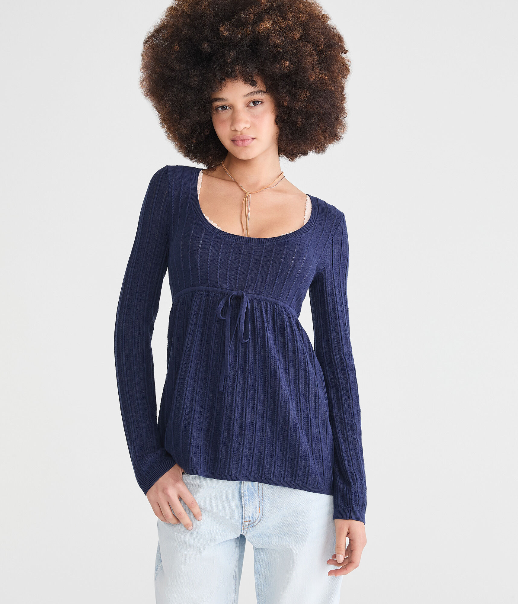 Textured Rib Scoop-Neck Babydoll Sweater
