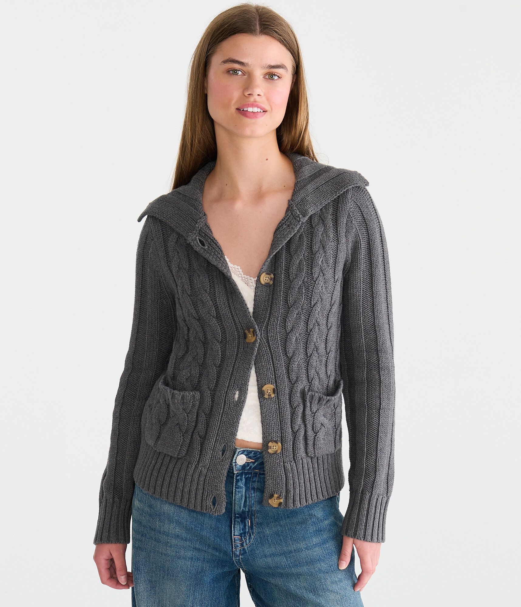 Cable Collar Button-Front Cardigan