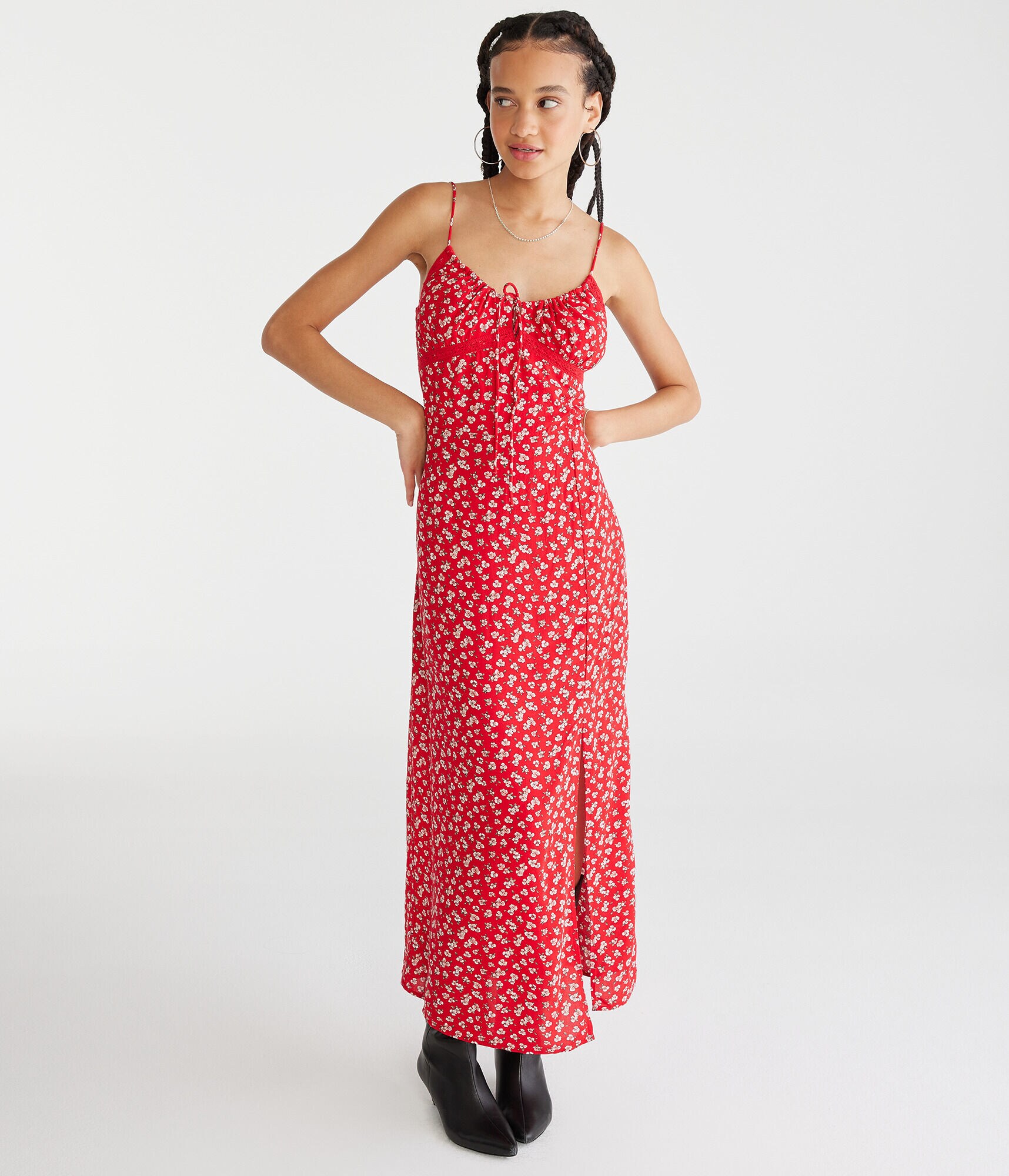 Floral V-Neck Lace-Trim Midi Dress