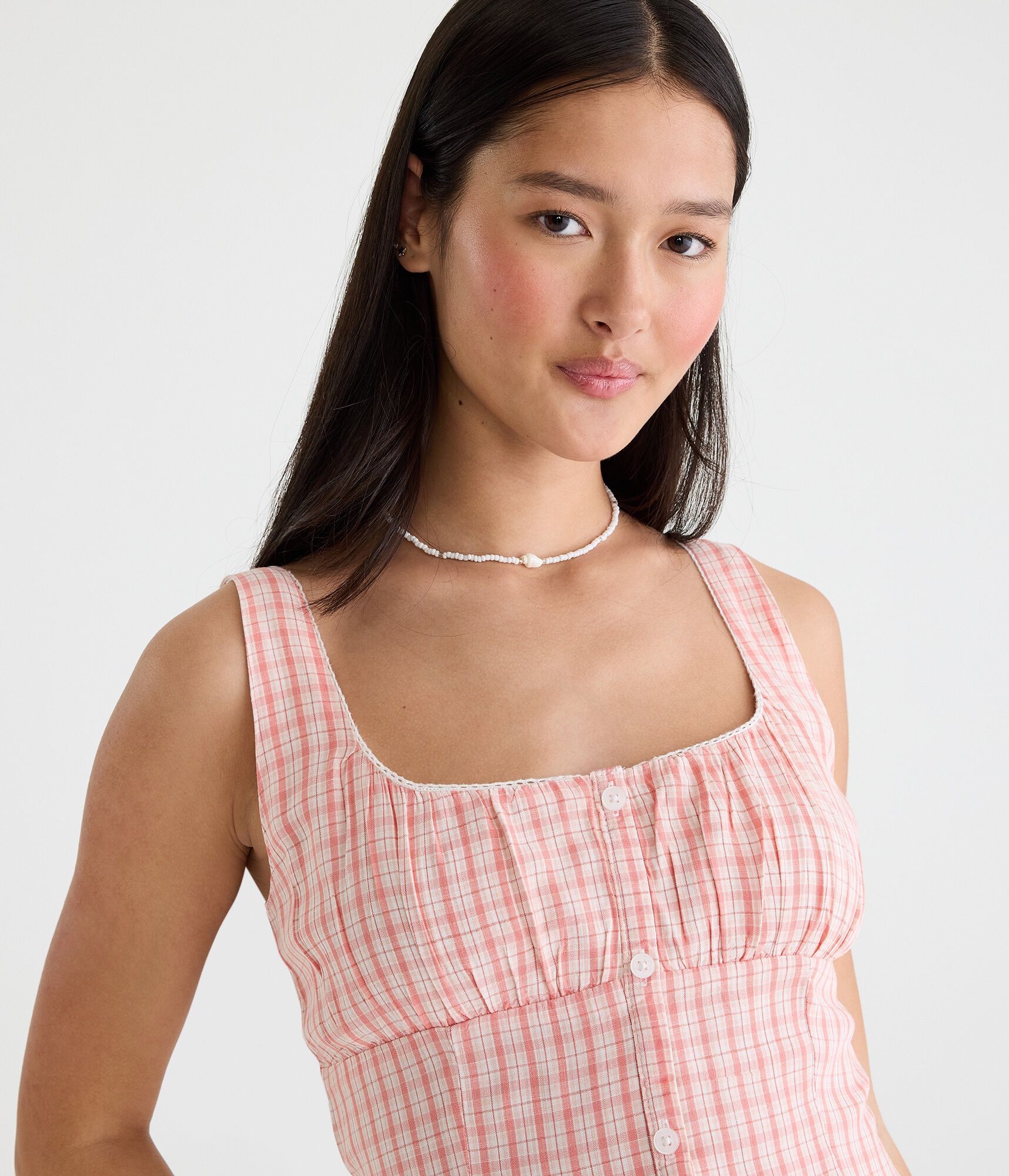 Plaid Square-Neck Button-Front A-Line Mini Dress