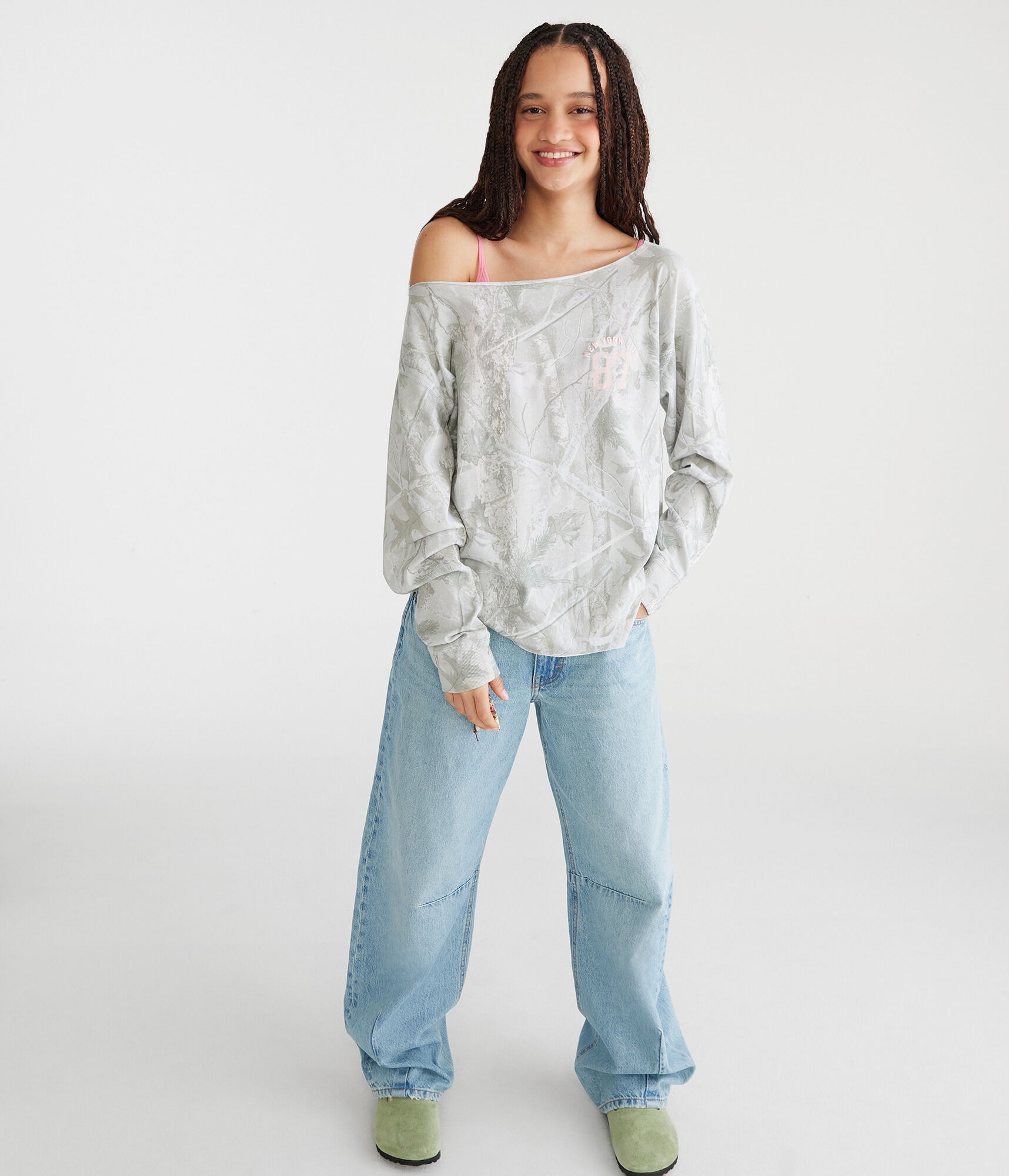 Long Sleeve Seriously Soft NYC Camo Off-The-Shoulder Tee