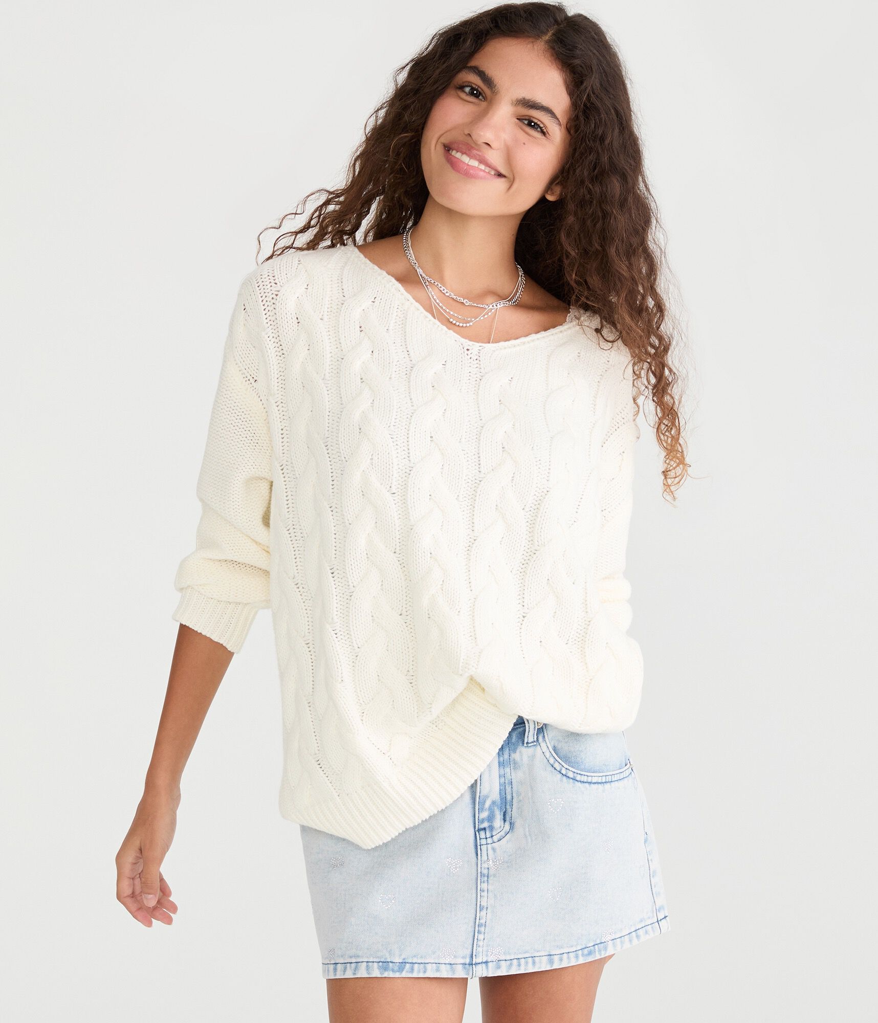 Slouchy Cable Knit V-Neck Sweater