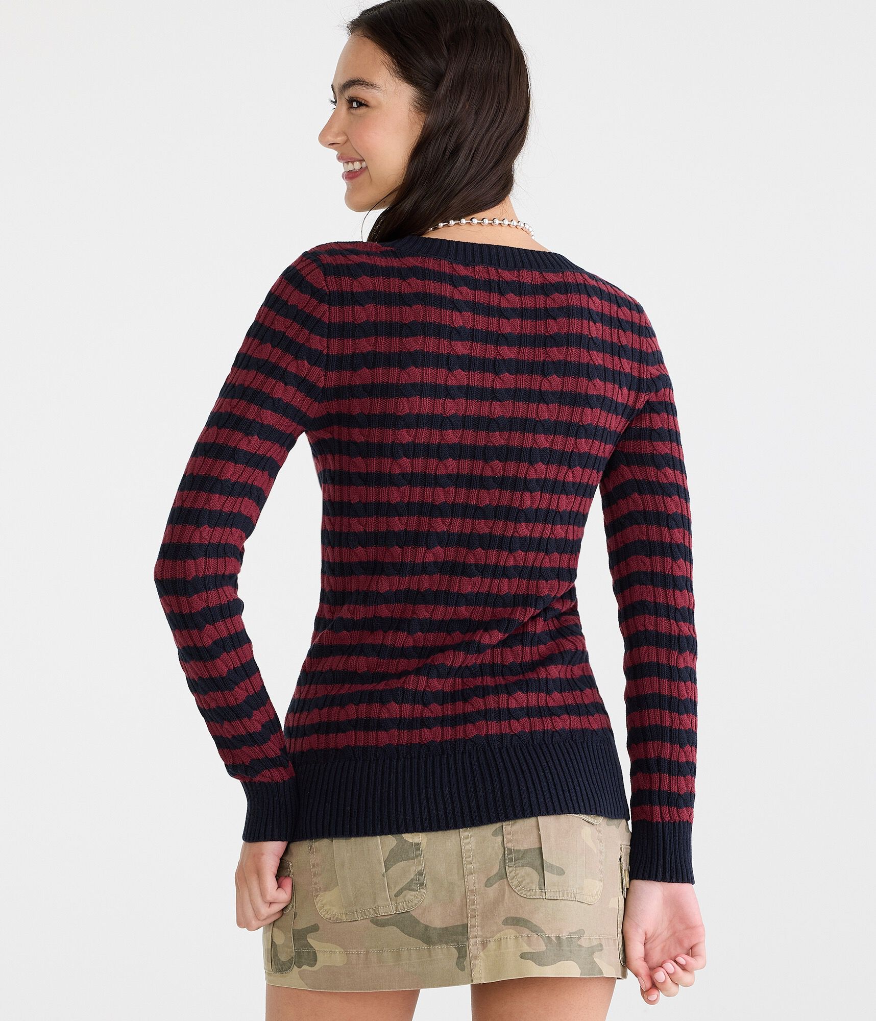 Striped Cable Scoop-Neck Sweater
