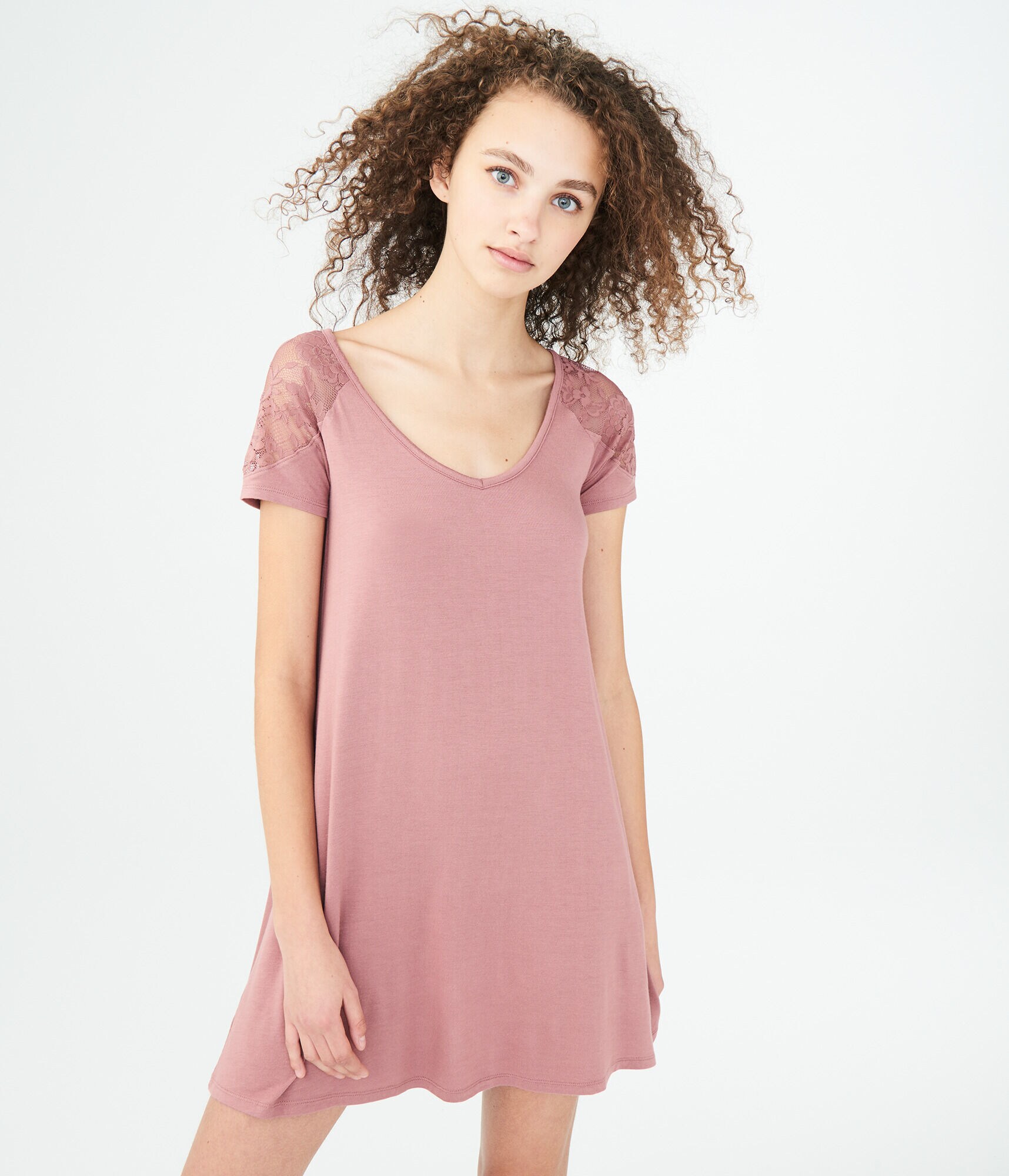 Solid V-Neck Lace-Shoulder Shift Dress