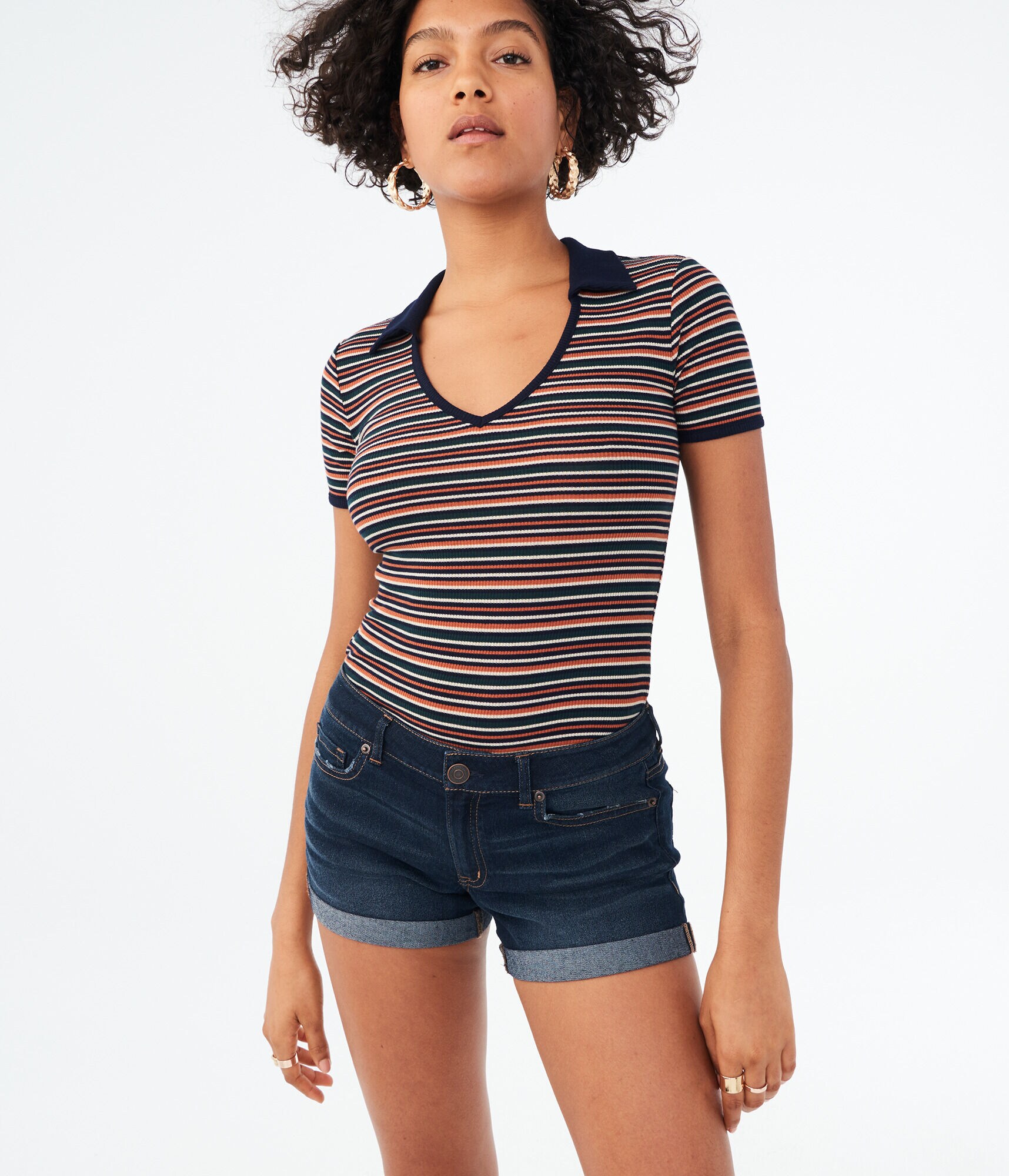 Dark Wash Rolled-Hem Denim Midi Shorts