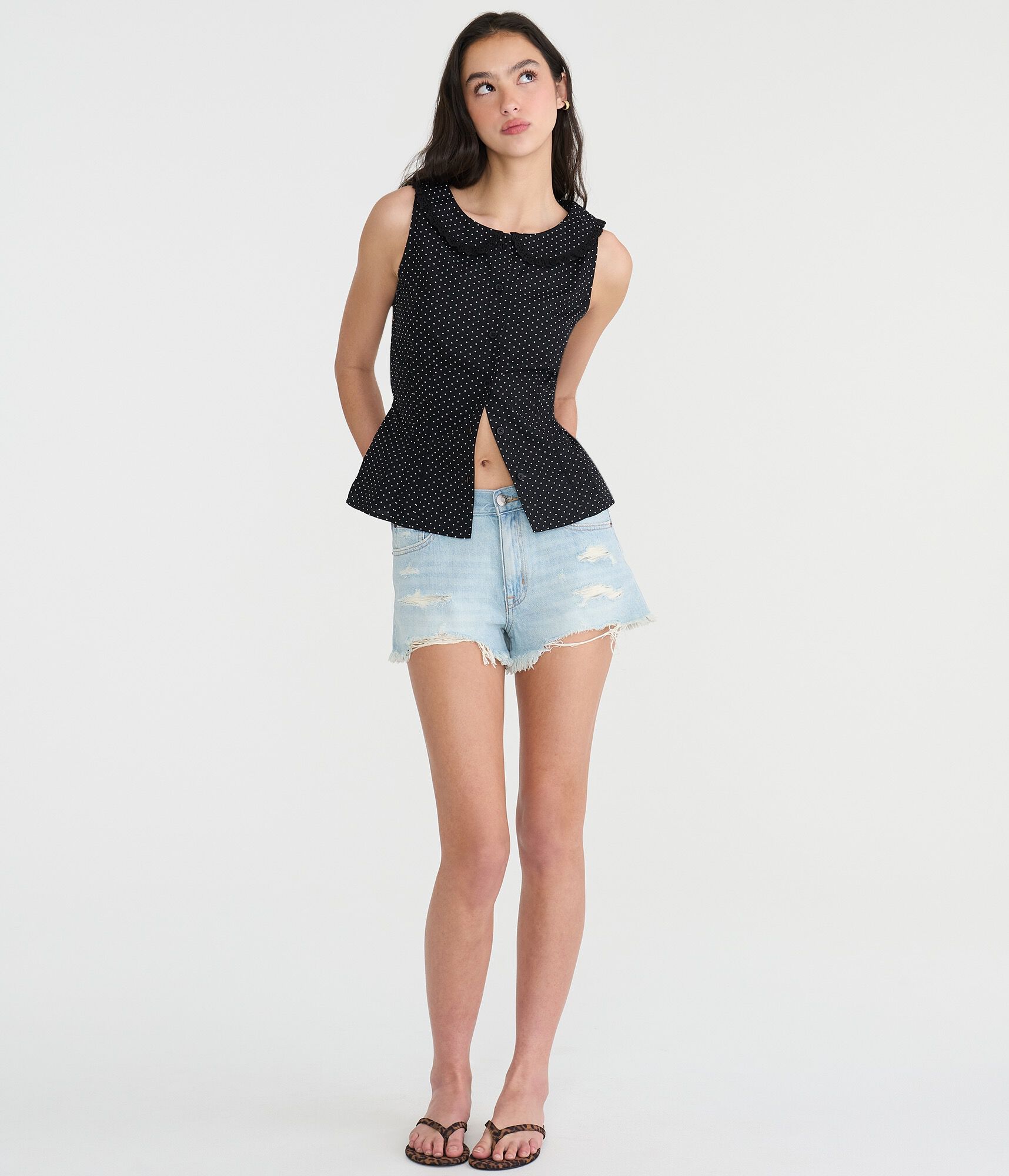 Polka Dot Tie-Back Sleeveless Peter Pan Top