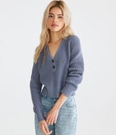 Ribbed Cropped V-Neck Henley Sweater