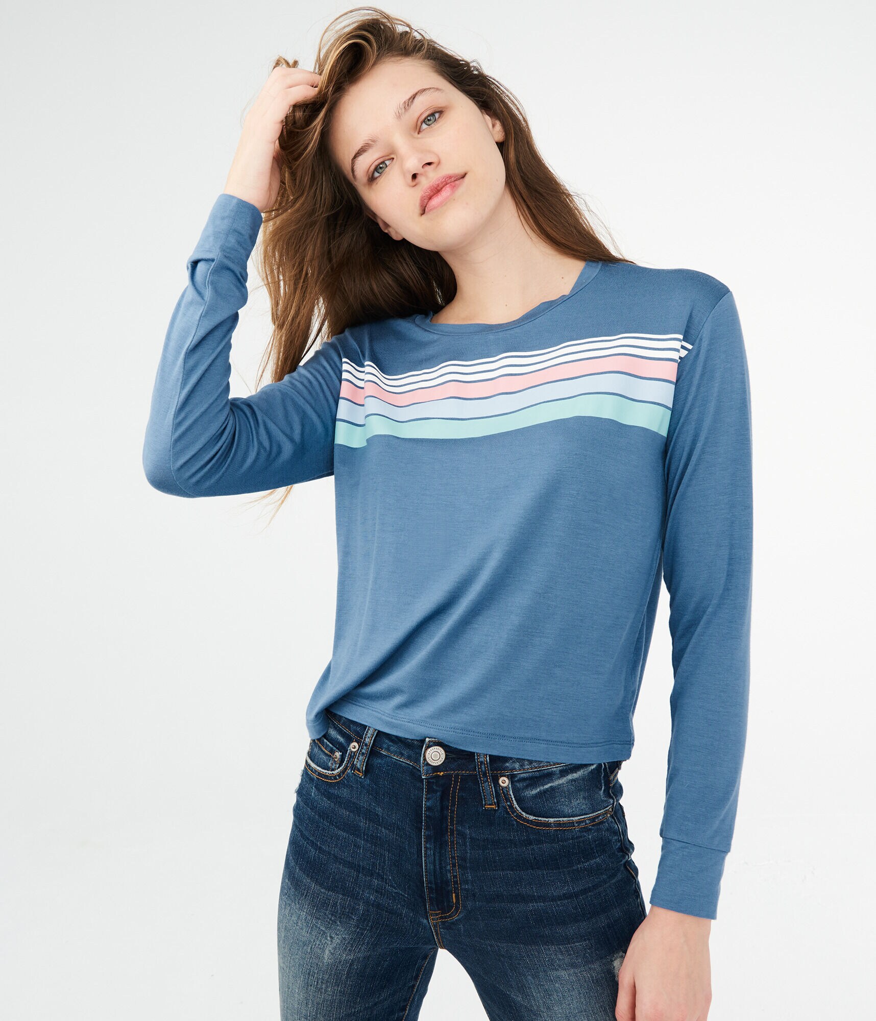 Long Sleeve Chest Stripe Graphic Tomboy Tee