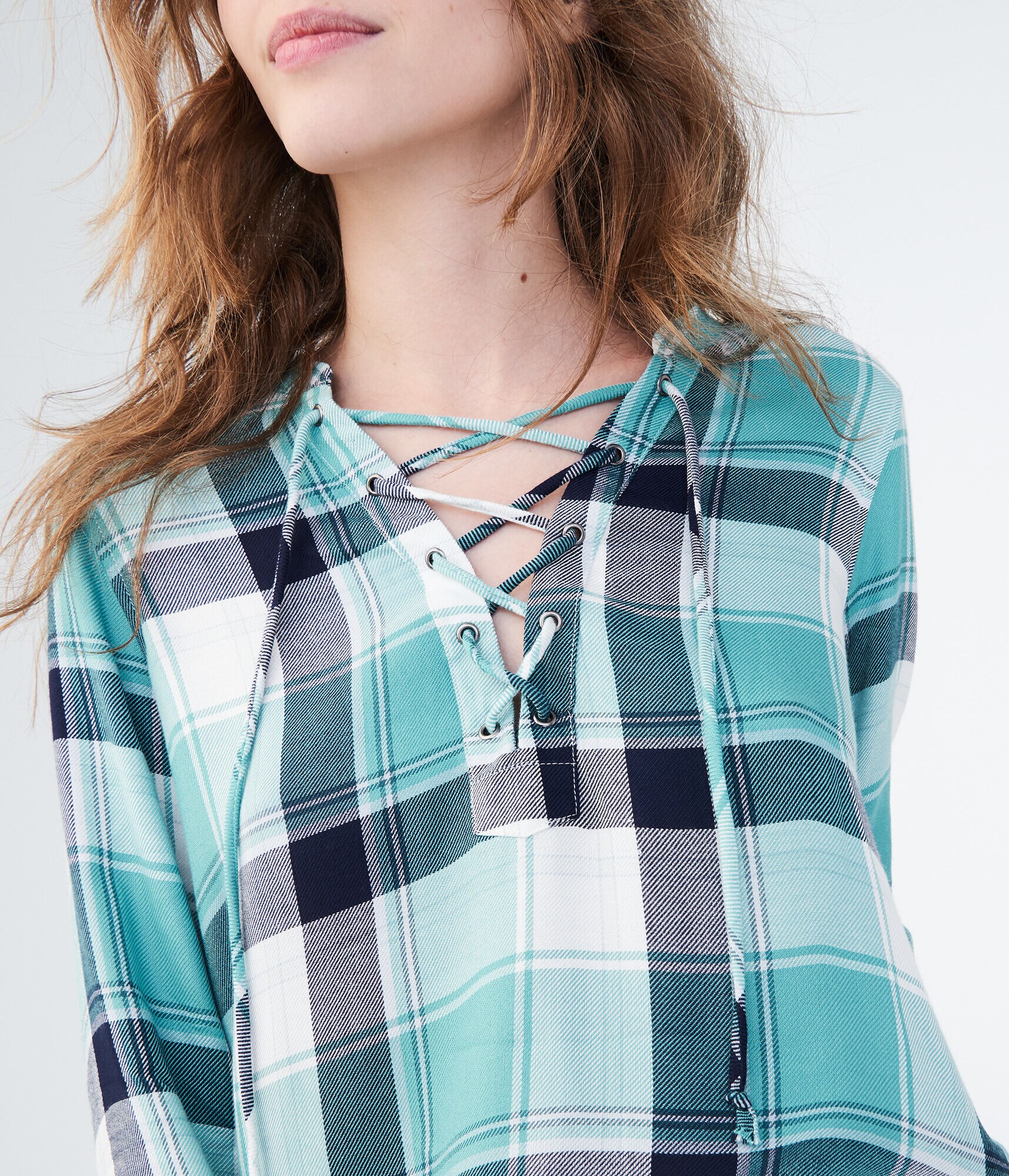 Long Sleeve Lace-Up Plaid Woven Shirt