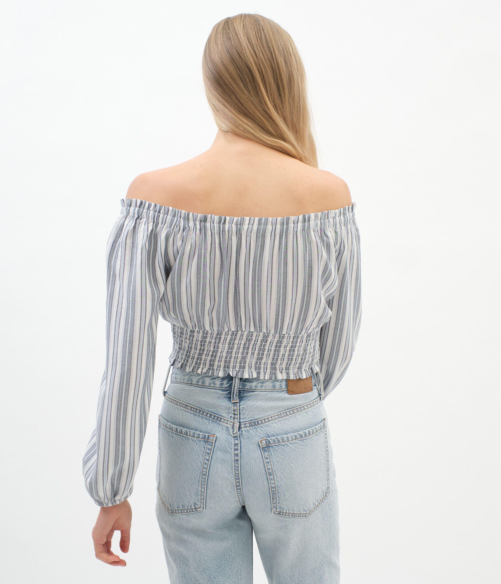 Long Sleeve Striped Off-The-Shoulder Crop Top***